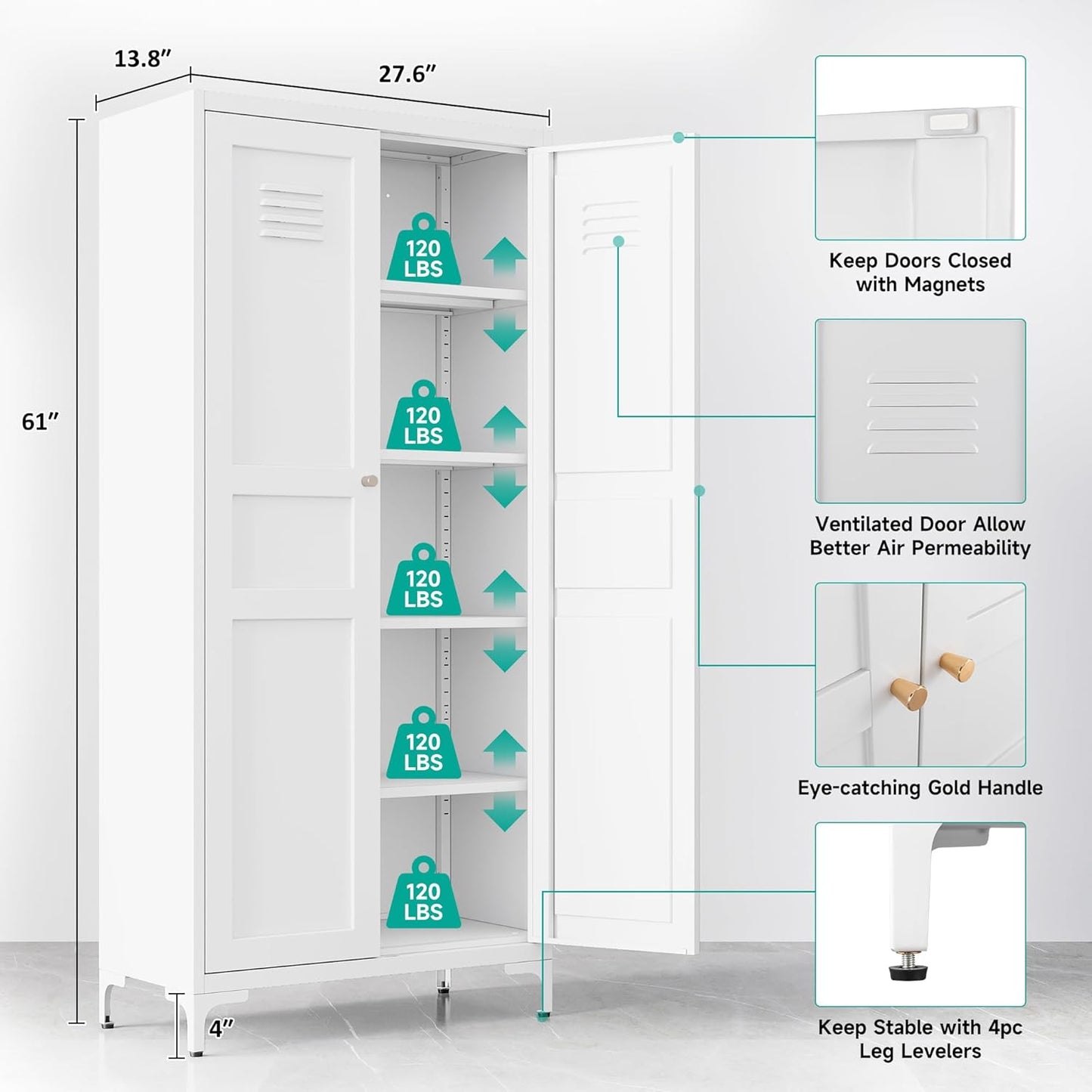 SISESOL Metal Storage Cabinet with Doors and Shelves,White Storage Cabinet with Leg & Vent Hole,Food Pantry Cabinets,5 Tier Metal Pantry,Tall Large Cupboard for Home,Kitchen,Dining/Living/Laundry Room