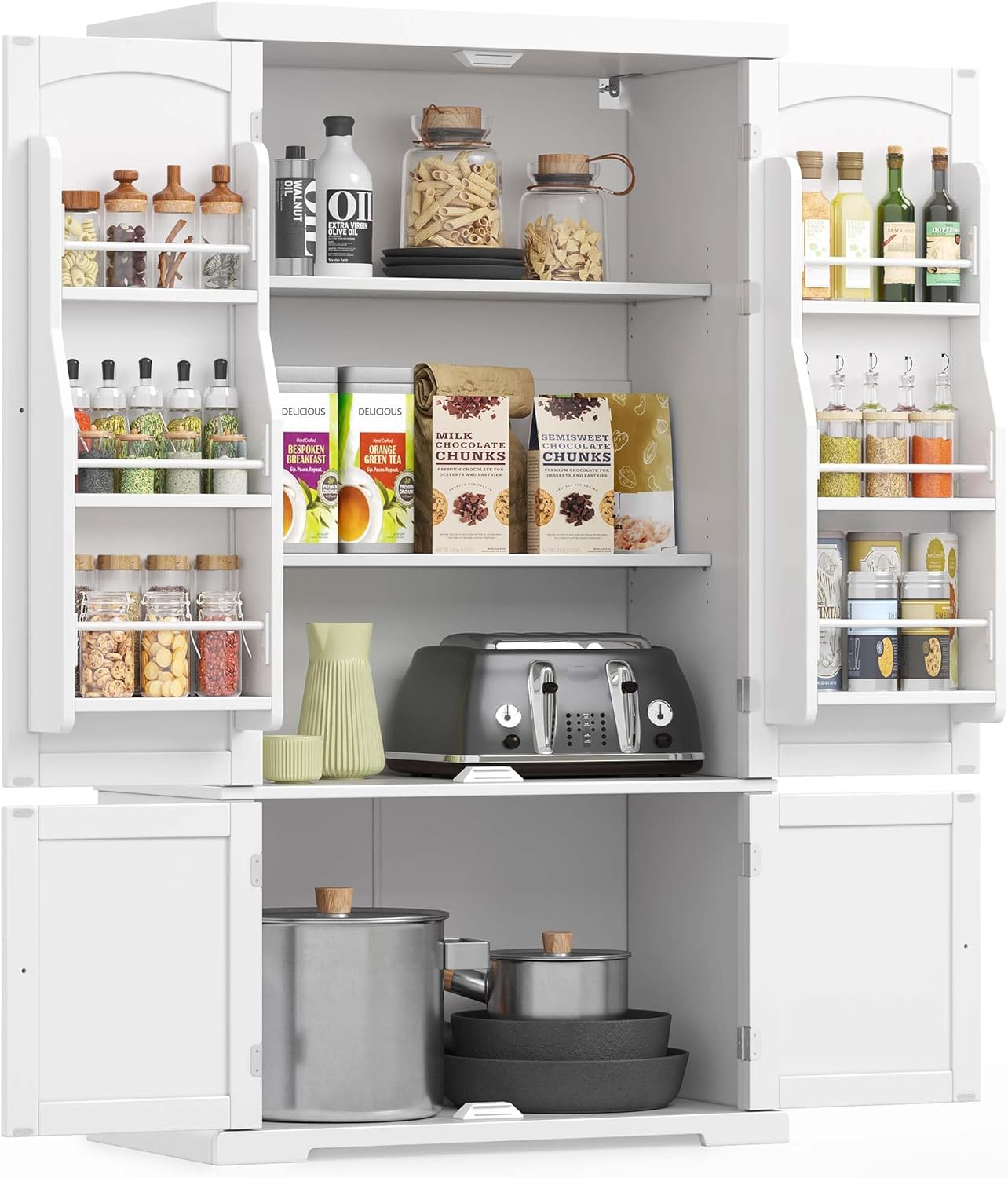 VASAGLE Pantry Cabinet, 53.5-Inch High Freestanding Tall Cupboard Storage Cabinet, 2 Cabinets, 2 Adjustable Shelves, 6 Door Shelves, for Living Room, Kitchen, White UBBC671W01