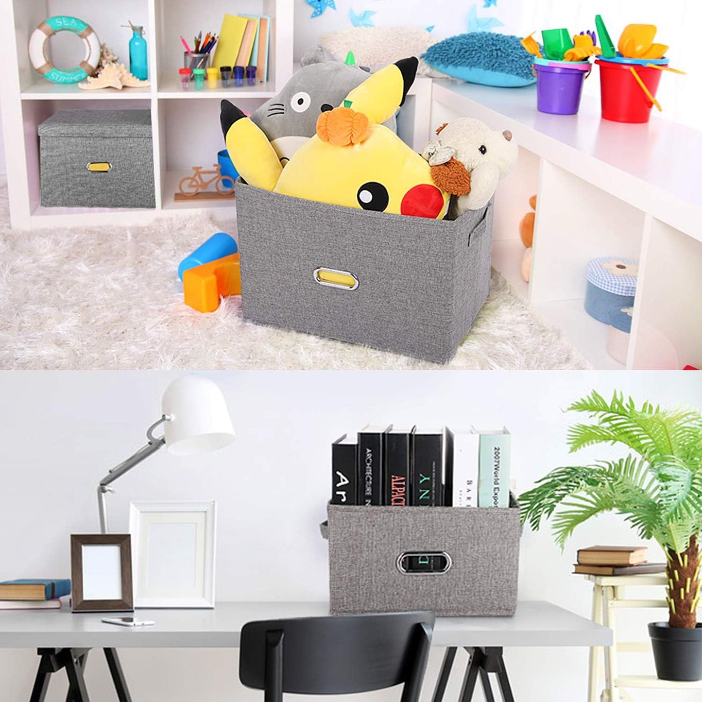 Linen Fabric Collapsible Storage Bins with Removable Lids and Handles, Washable Storage Box Containers Baskets Cube with Cover for Bedroom,Closet,Office,Living Room,Nursery (Green, Small)
