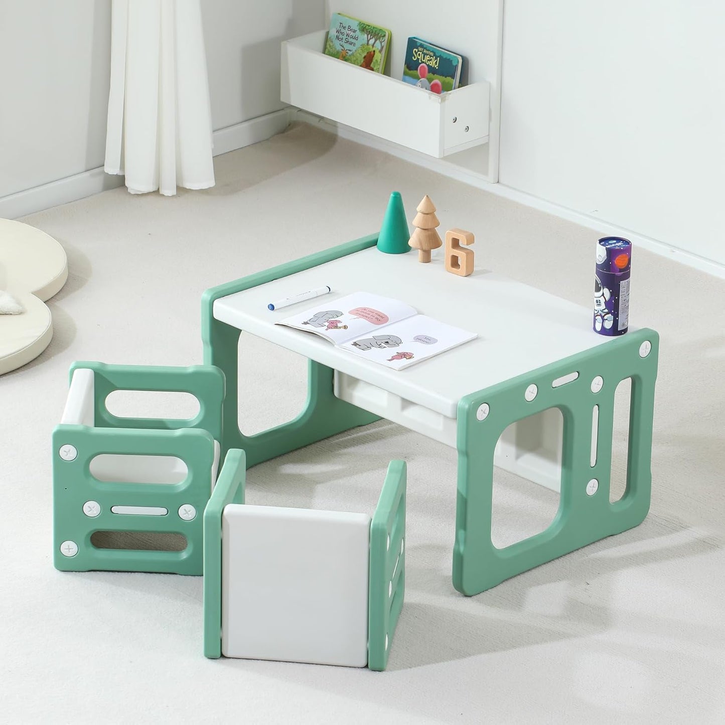 3 in 1 Montessori Weaning Table and 2 Chairs Set, Kids Activity Table Set, 2 Height Levels, Toddlers Activity Table for Drawing, Dining, Reading and Playing, Green