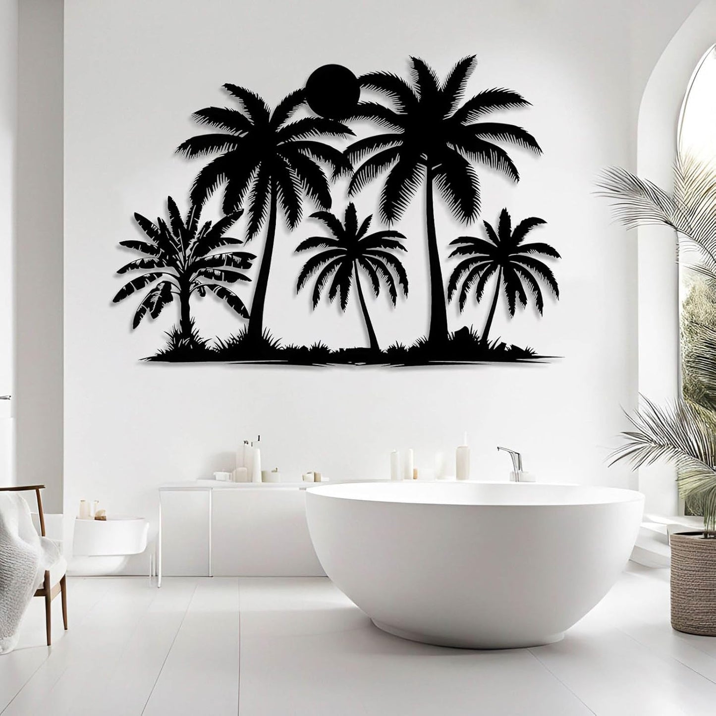 Tuglona Metal Palm Tree with Sunset Wall Decor, Tropical Palm Tree Metal Wall Art, Tropical Wall Decor, Sun Wall Art, Beach Wall Decoration, Coastal Trees Wall Hanging (White, 24"x16"/60x42cm)