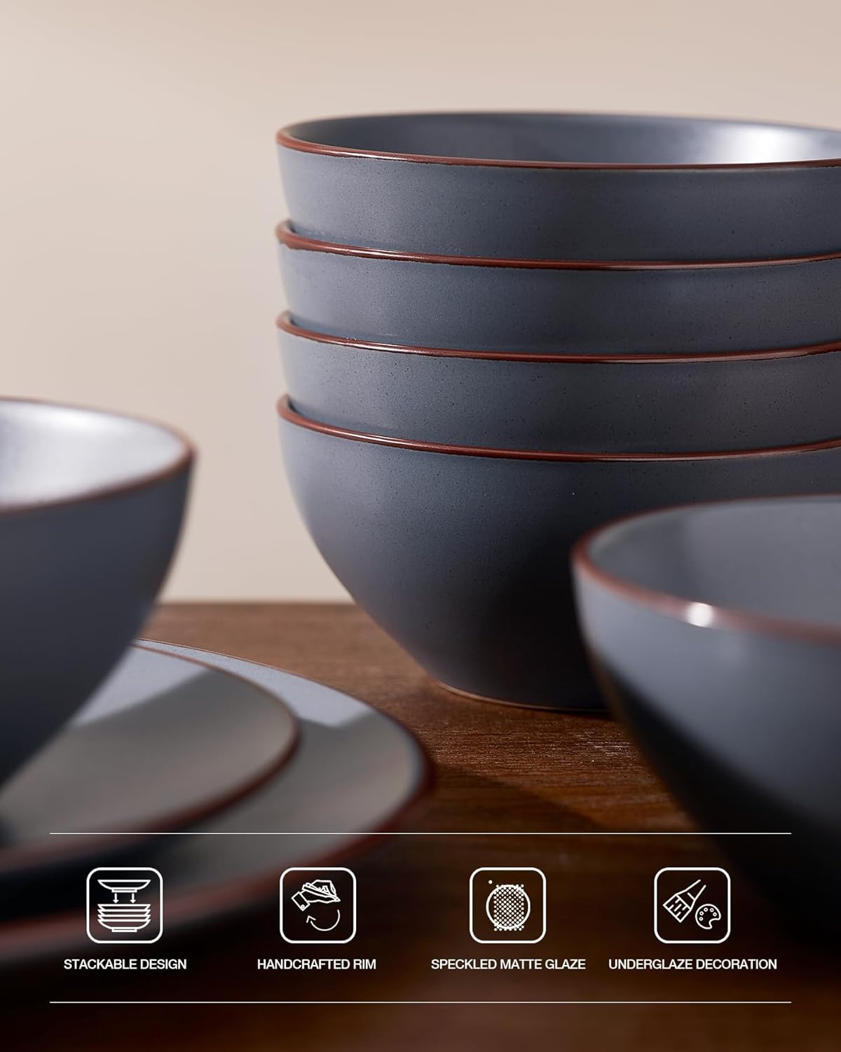 Famiware Venus Ceramic Plates and Bowls Sets, Speckled Dinnerware Dish Sets for 8 (24 Pieces) - Microwave and Dishwasher Safe, Matte Charcoal