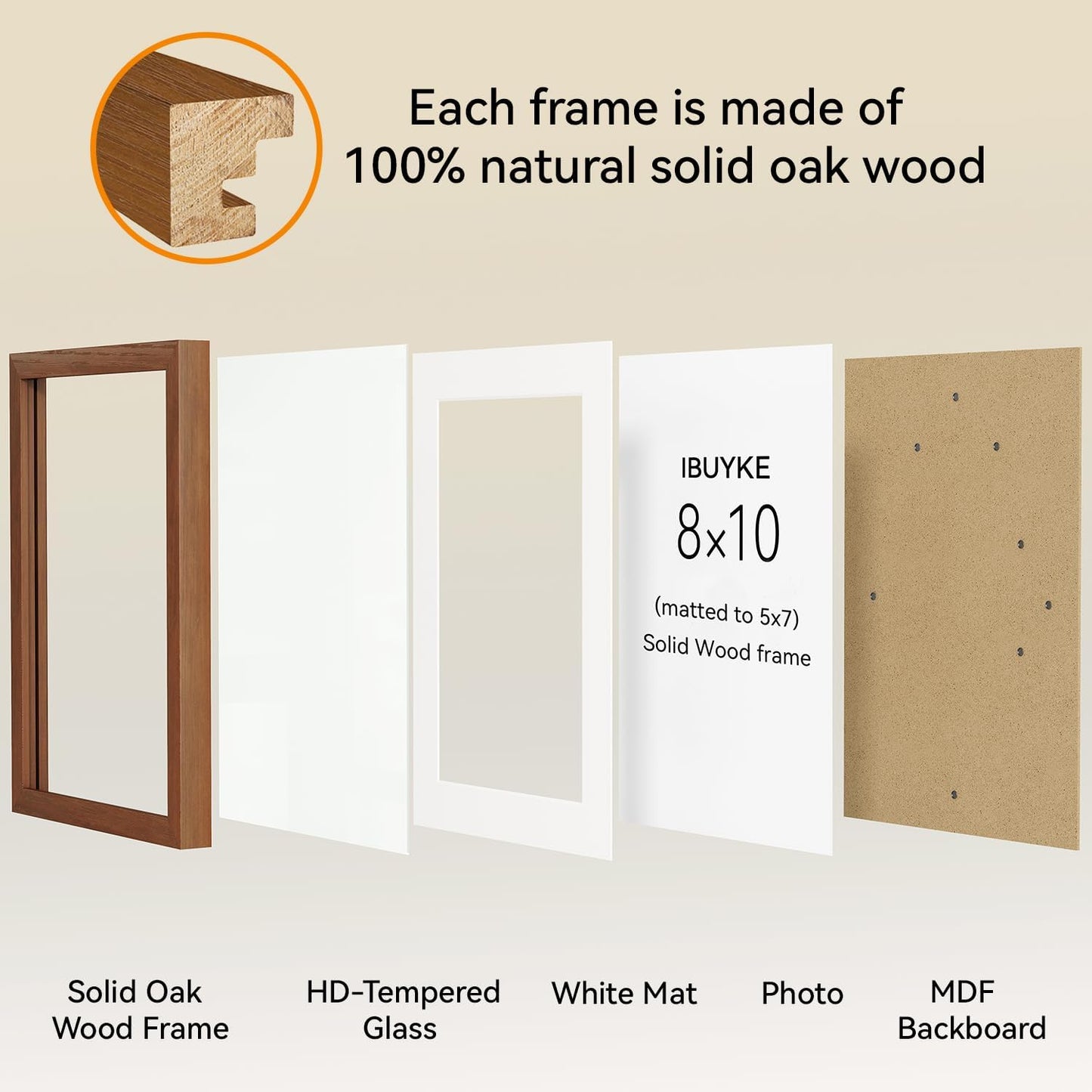 IBUYKE 8x10 Picture Frame,Solid Oak Wood 8x10 Photo Frame with Mat to 5x7,10x8 Picture Frames With Tempered Glass,Tabletop or Wall Mount Display,Home Decor,Walnut Oak 8 x 10 Frame,UWPF0810H
