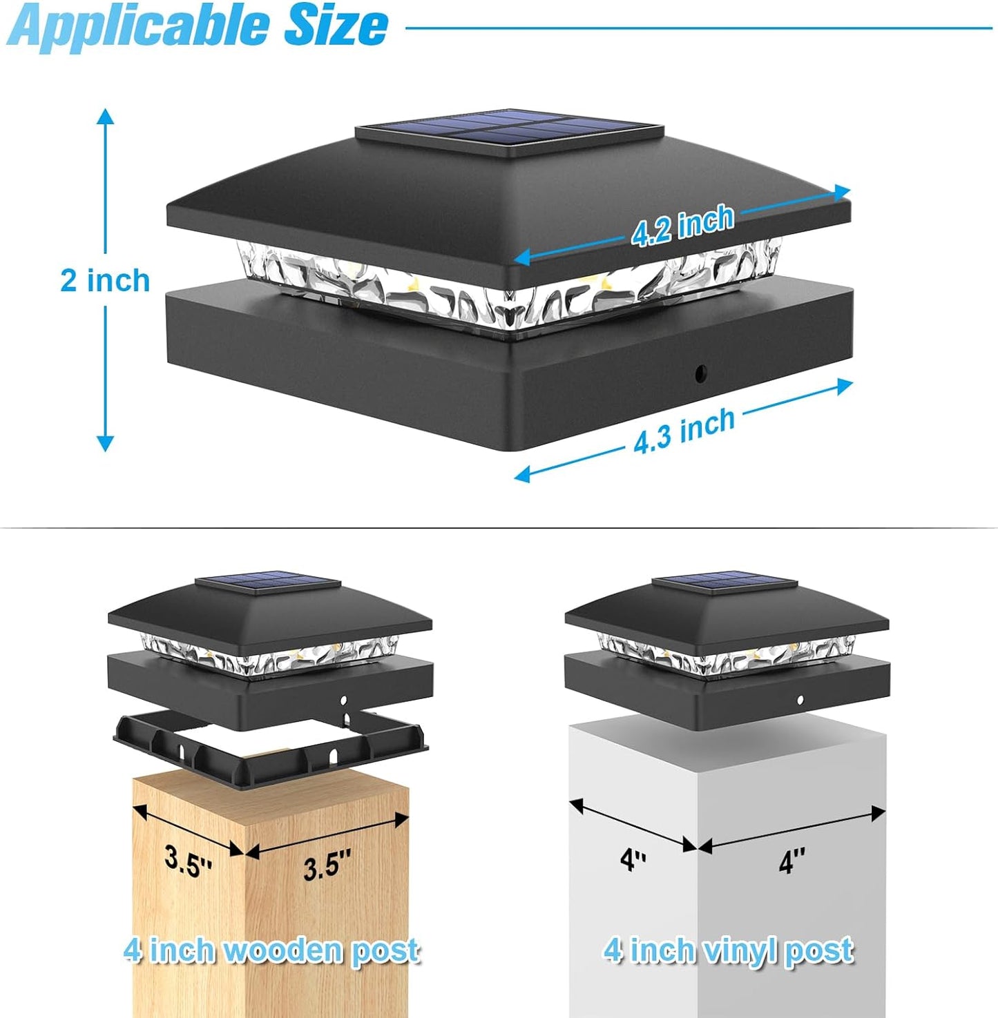 VOLISUN 4x4 Solar Post Cap Light 12pack,Solar Fence - Cap Lights Outdoor Waterproof for Wooden/Vinyl Post,Black Deck Post Cap Light Solar Powered with Warm White for Garden/Patio/Porch