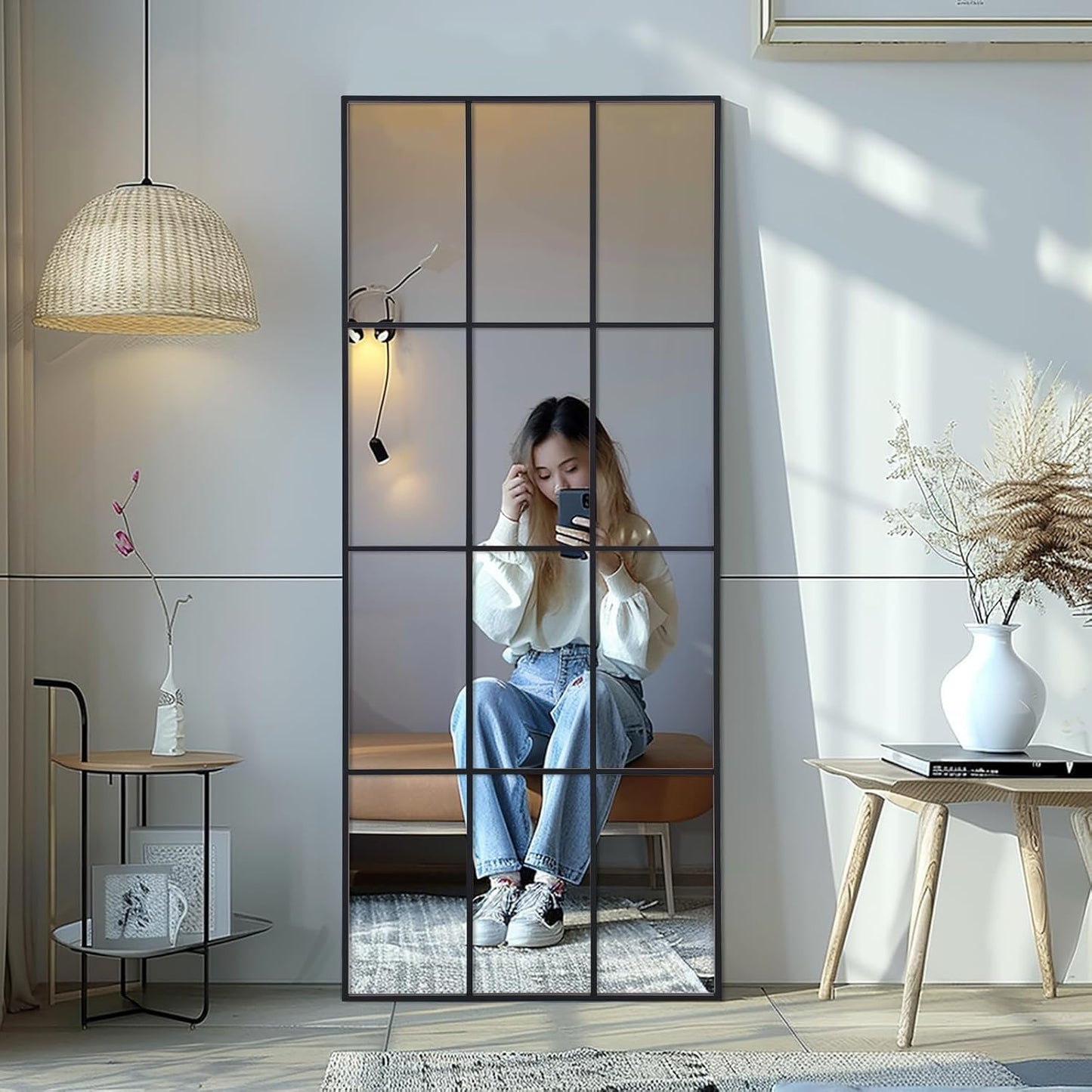 Windowpane Mirror Full Length 71"x30" Wall Mounted Art Pane Mirror Farmhouse Decorative Floor Mirror Leaning Hanging Wall Mirror for Bedroom Living Room Entrance