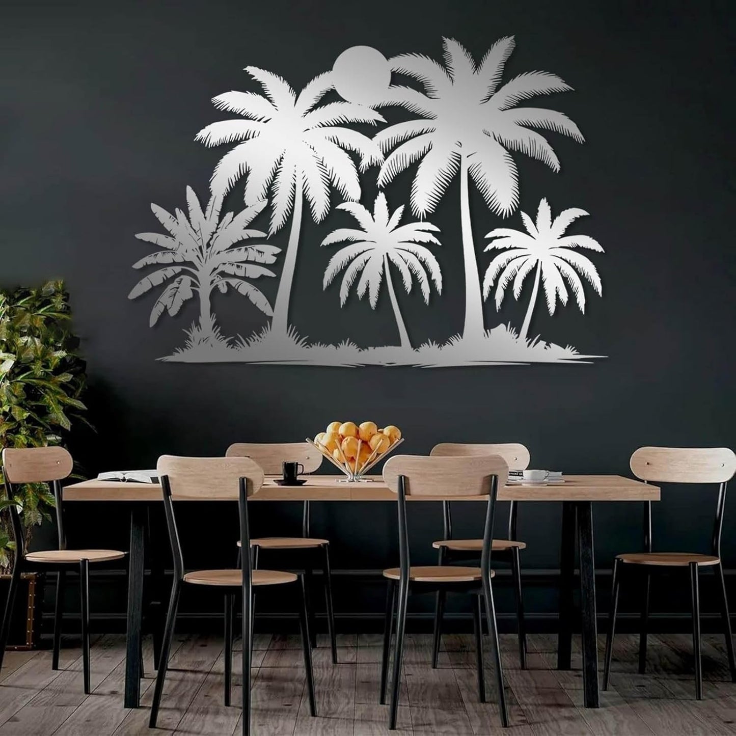 Tuglona Metal Palm Tree with Sunset Wall Decor, Tropical Palm Tree Metal Wall Art, Tropical Wall Decor, Sun Wall Art, Beach Wall Decoration, Coastal Trees Wall Hanging (Black, 53"x37"/135x93cm)