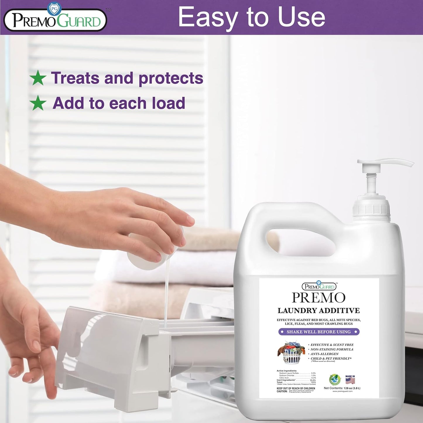 Premo Guard Bed Bug, Mite & Lice Laundry Detergent Additive 128 oz – Child & Pet Friendly – Stain & Odor Free – Best Natural Non-Toxin Treatment