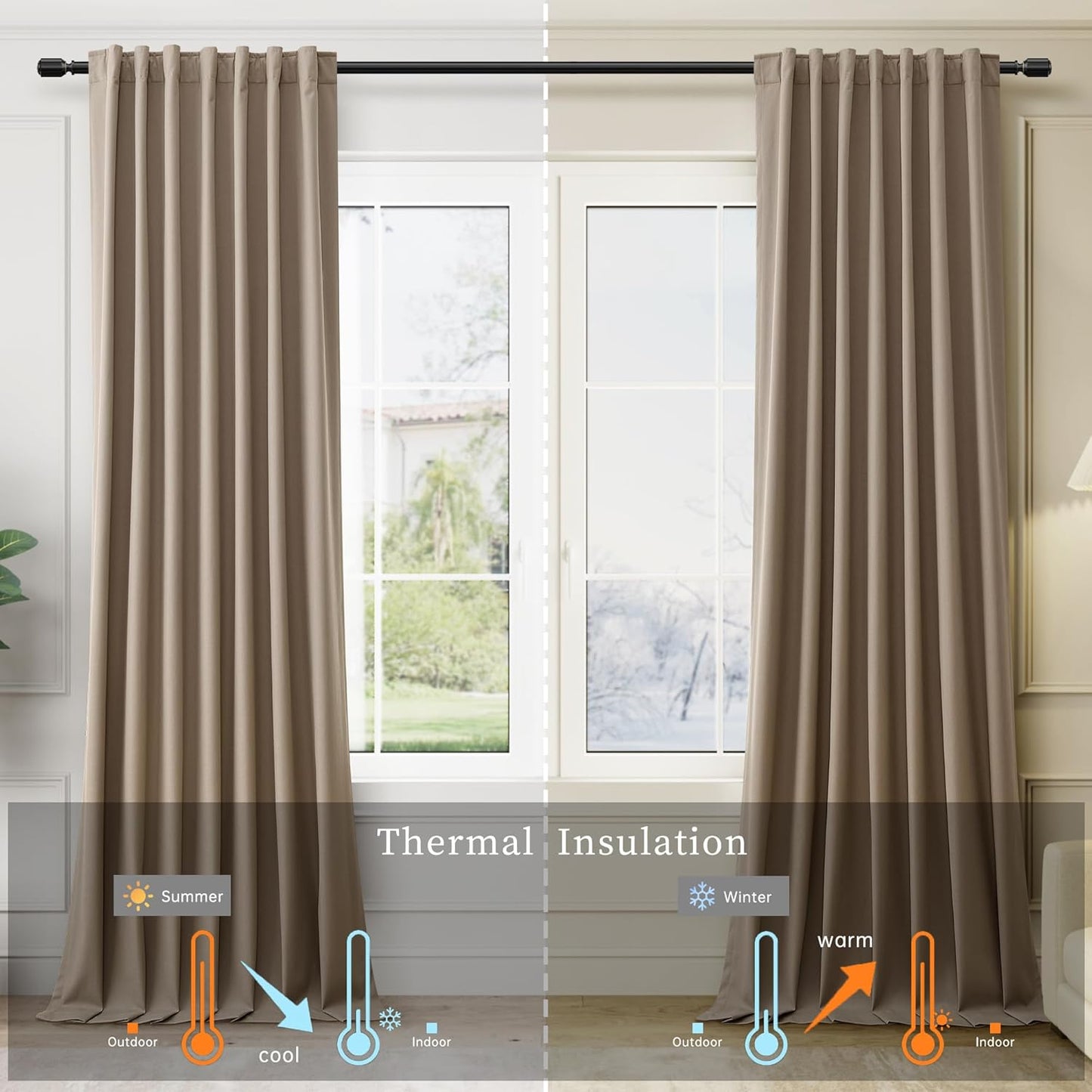 BOODII Light Brown Linen Blackout Curtains for Bedroom 84 Inch Length 2 Panels Set Room Darkening Curtains Black Out Curtain Neutral Thermal Insulated Living Room Nursery Drapes Back Tab 52x84