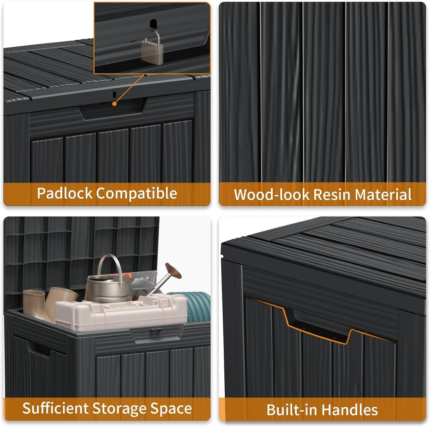 Vixzen 28 Gallon Outdoor Deck Box,Lockable Resin Waterproof Storage Box,UV Resistant,Weather Resistance,Outside Storage Bin for Gardening Tools,Pool Supplies,Black