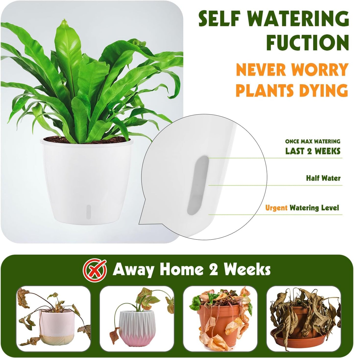 Self Watering Pots for Indoor Plants, 6-Pack 6.7'' Self Watering Planter with Drainage Holes, Small African Violet Pots with Water Indicator, Clear Wick Orchid Pot, White