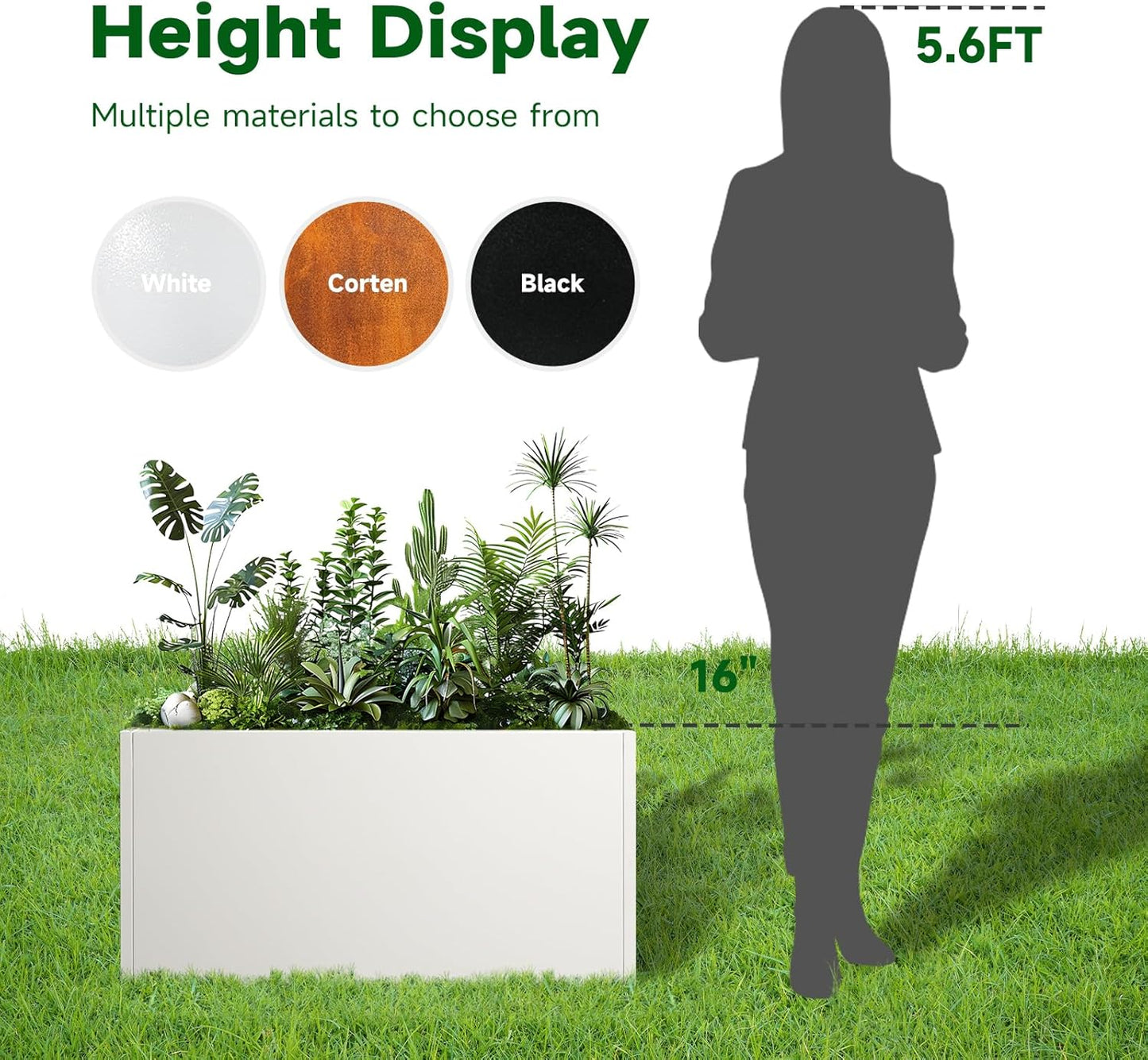 Galvanized Steel Garden Planter - White Matt Galvanized Metal Planter Box - Modern Metallic Heavy Planter - Indoor & Outdoor, Commercial & Residential (White, L36 x W12 x D16)