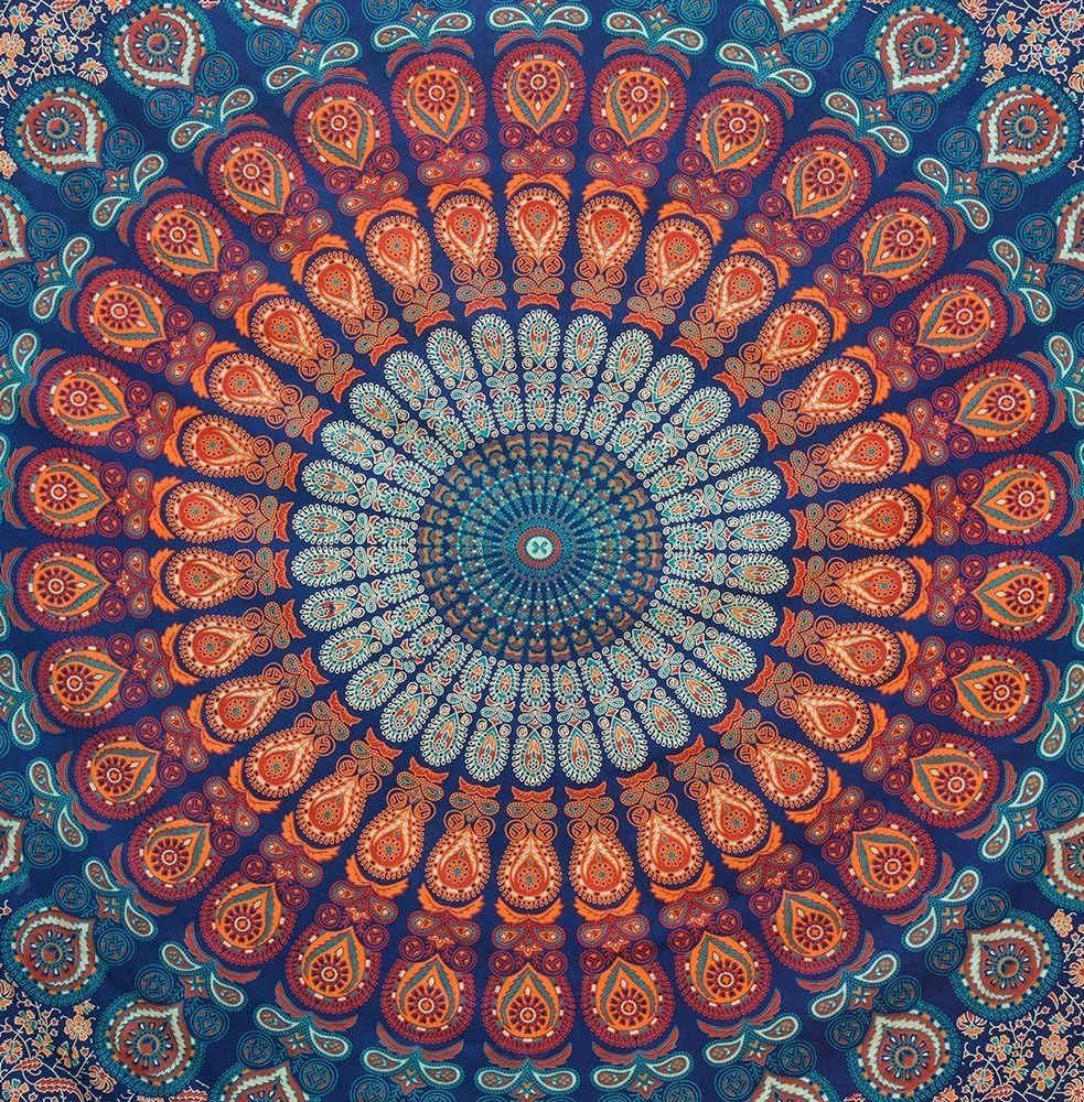 Bless International Handmade Indian hippie Bohemian Psychedelic Peacock Mandala Wall hanging College Dorm Beach Throws Table Cloth Bedding Tapestry (Golden Blue, Poster(30x40Inches)(76x101cms))