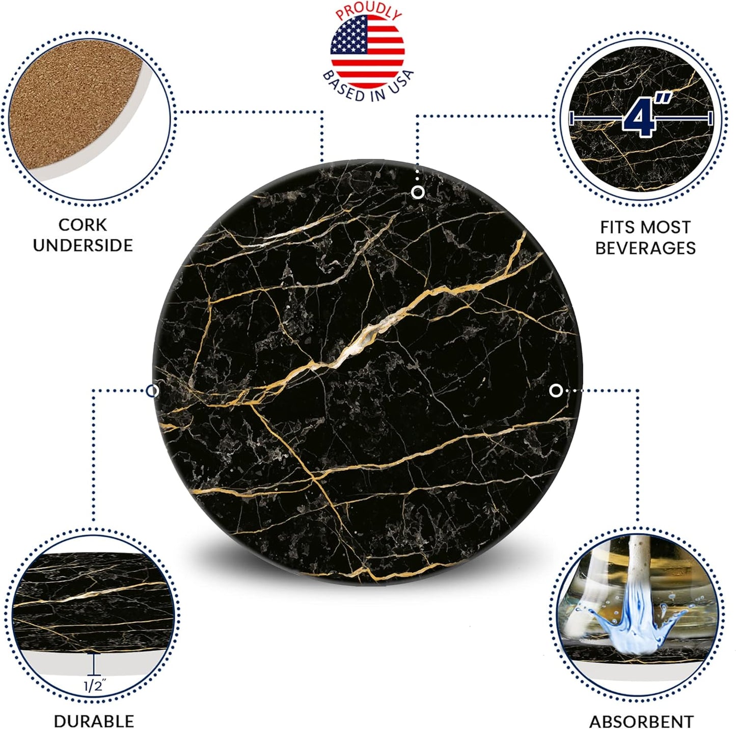 Emerson Coasters for Drinks Absorbent – Natural Stone Drink Saucers Set with Holder, Coasters for Coffee Table, Wooden Tabletop Protection Marble Style – 100% Heavy Duty Set of 6 (Streak)