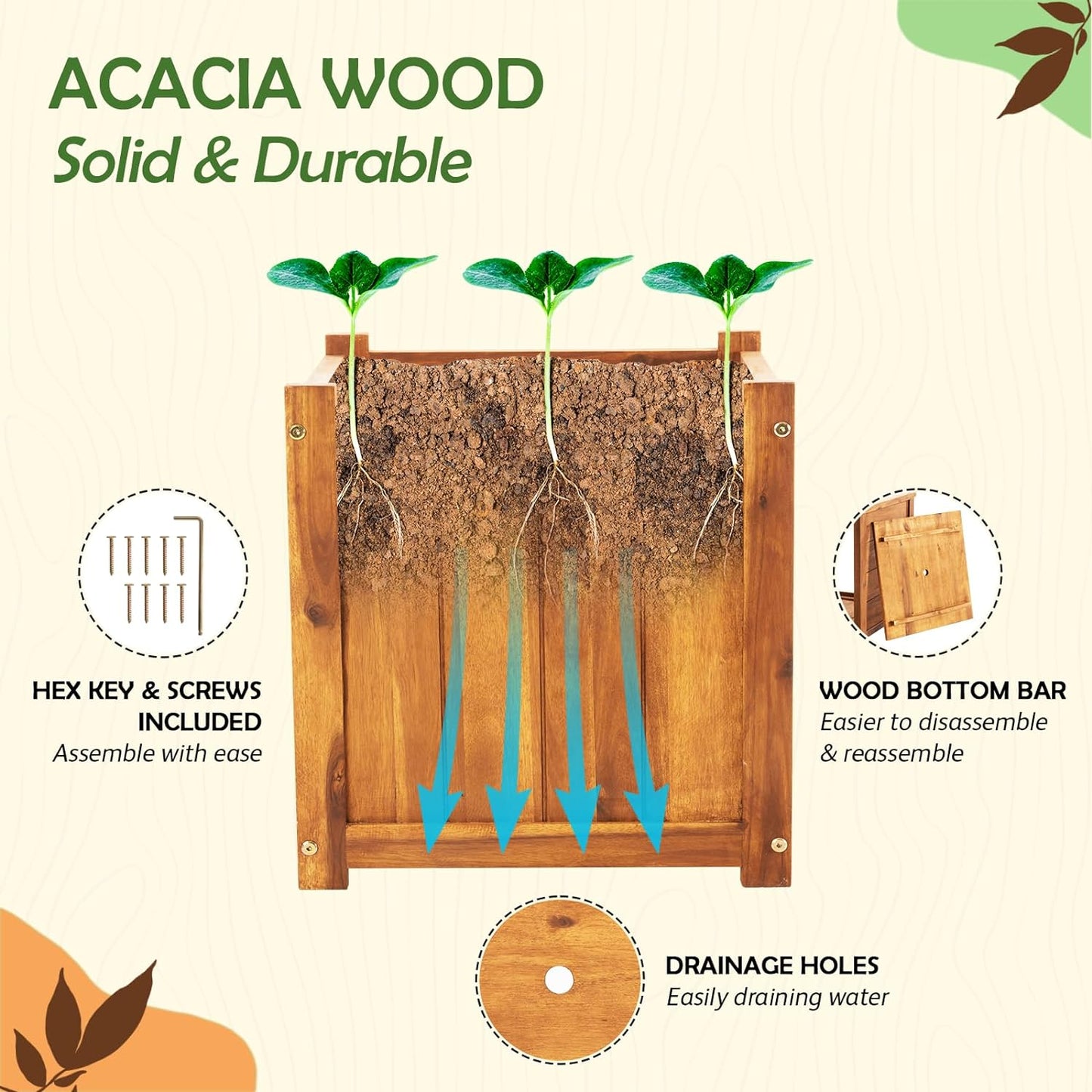 Idzo Hardwood Outdoor Flower Box, Durable Acacia Wood Flower Boxes for Outdoor Plants with Ergonomic Handles, Drainage Holes, Multiple Sizes Wood Bucket Planter for Home Decor, 1pcs