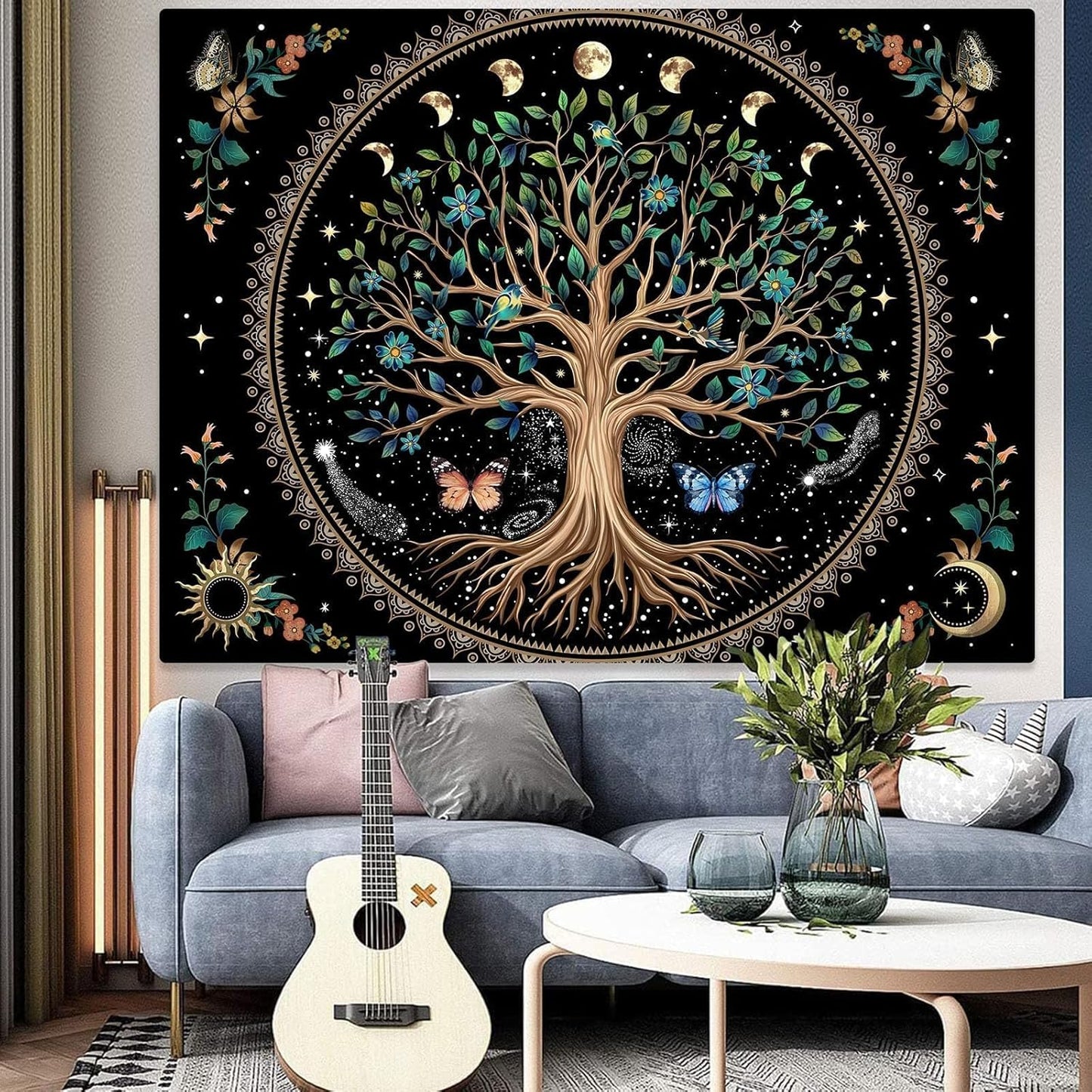 Lunerfex Tree of Life Tapastry Sun and Moon Tapastry Flower Boho Tree Mandala Wall Hanging for Bedroom and Living Room Decor Green Tree 70×90 Inches