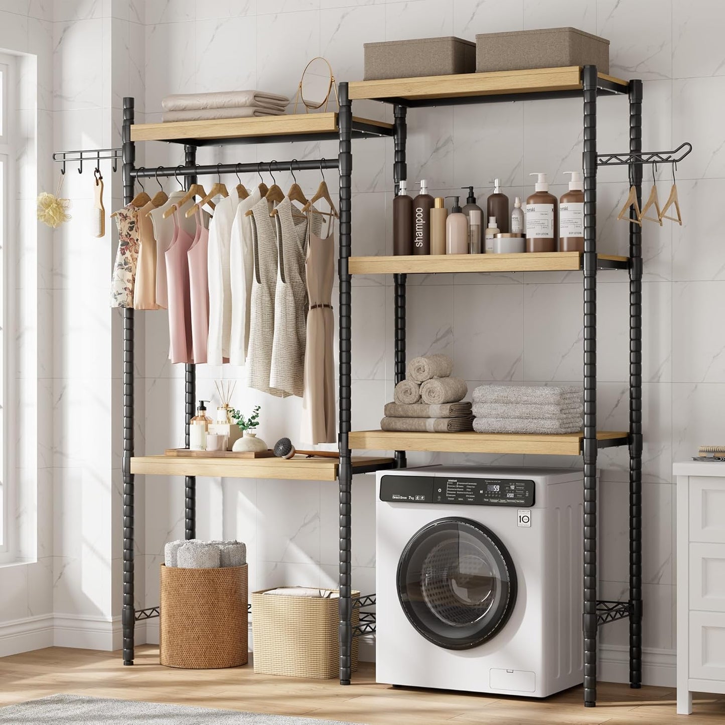 5-Tier Over-The-Washer Shelf - Adjustable 28" Laundry Organizer with 100lb Double Wood Shelves, Space-Saving Storage Unit for Small Homes (Natural & Black)