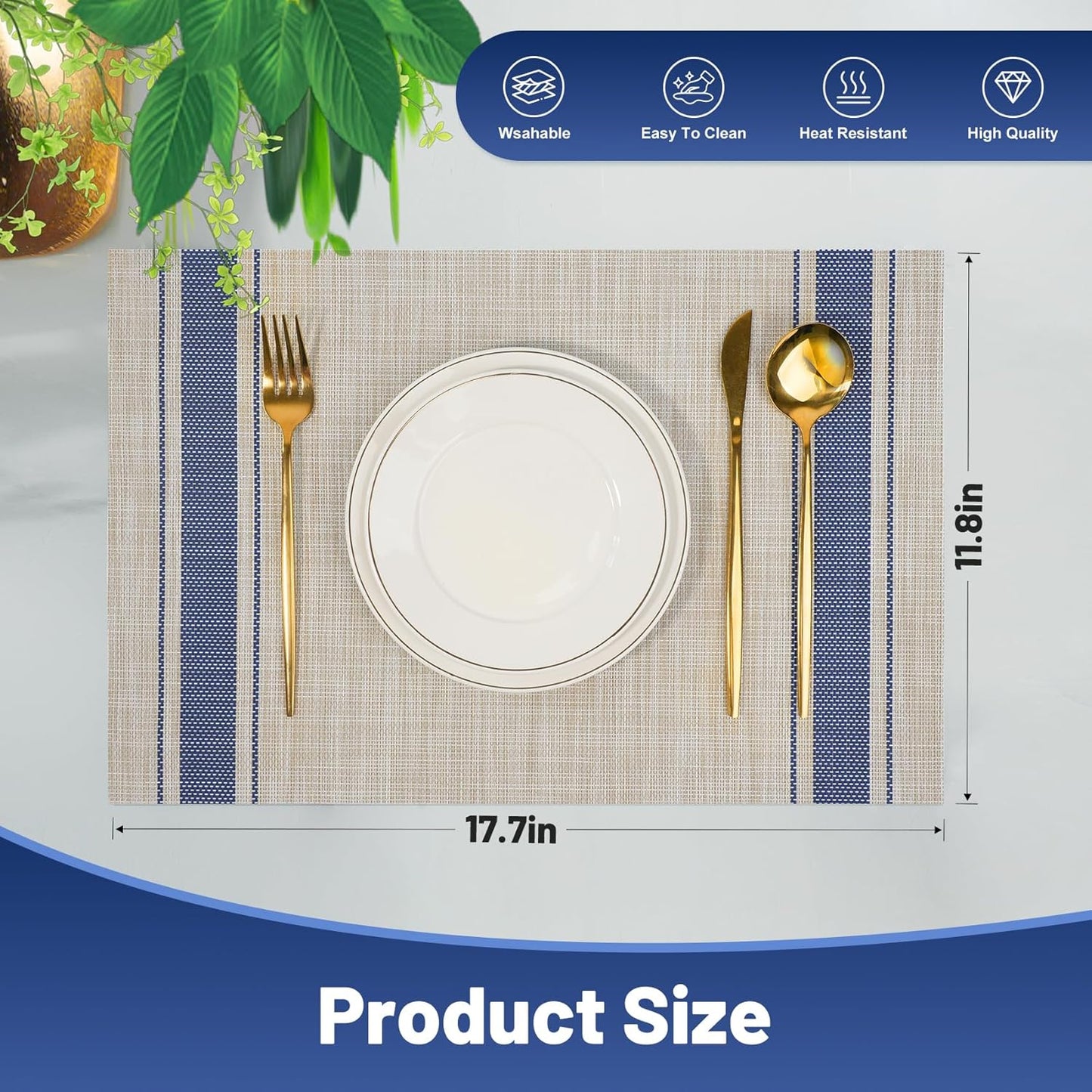 Placemats Set of 12，Non-Slip PVC Weave Table Mats Easy to Clean，Heat Resistant Place Mats for Kitchen Dining Table Decoration Indoor Outdoor，Khaki Blue