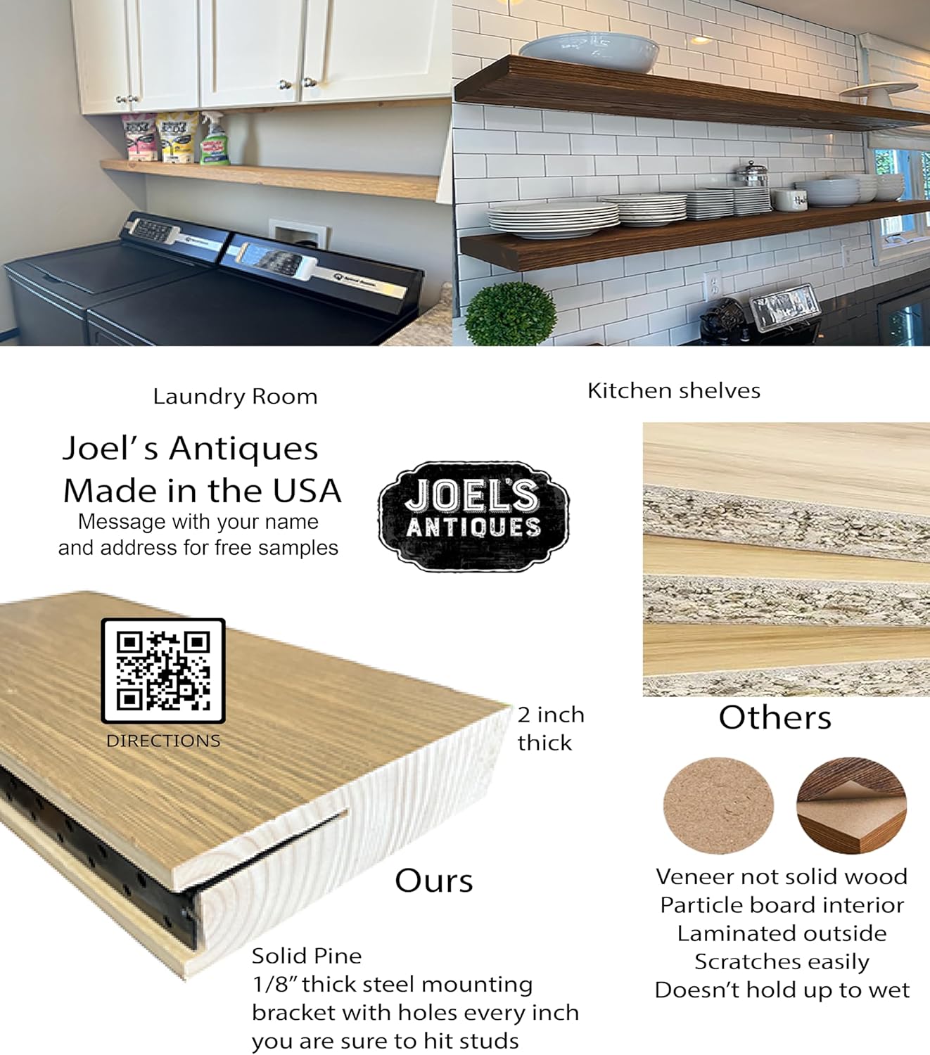 joelsantiques 72 Inch Wooden Floating Shelves for Wall - 72x12x2 in - Made of Natural Wood - Long Heavy Duty Wall Shelves for Bedroom - Perfect for Living Room, Kitchen - Medium Brown