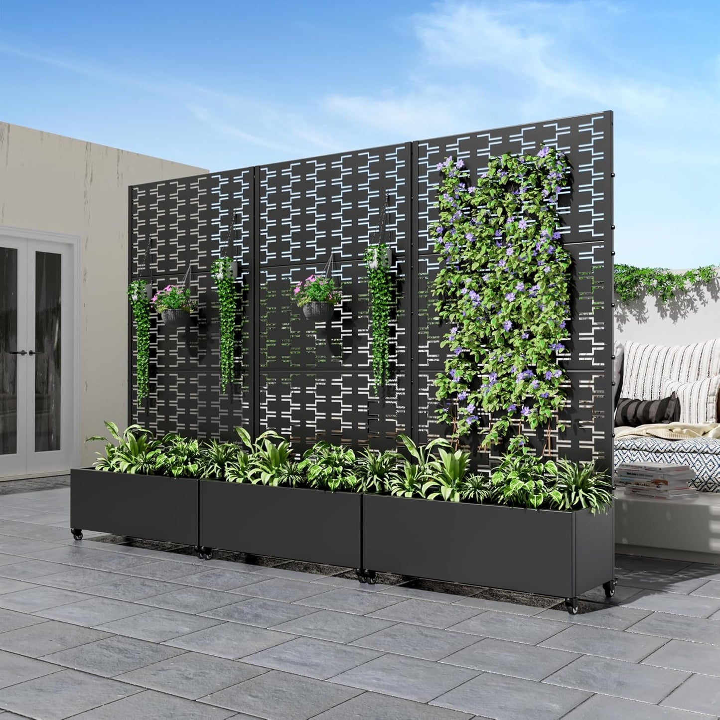Casaphoria Metal Raised Garden Bed with Trellis and Wheels, 72"x35"x16" Planter Box for Climbing Plants, Vegetables & Vines, Features Drainage Holes and Privacy Screen (Black-Square)