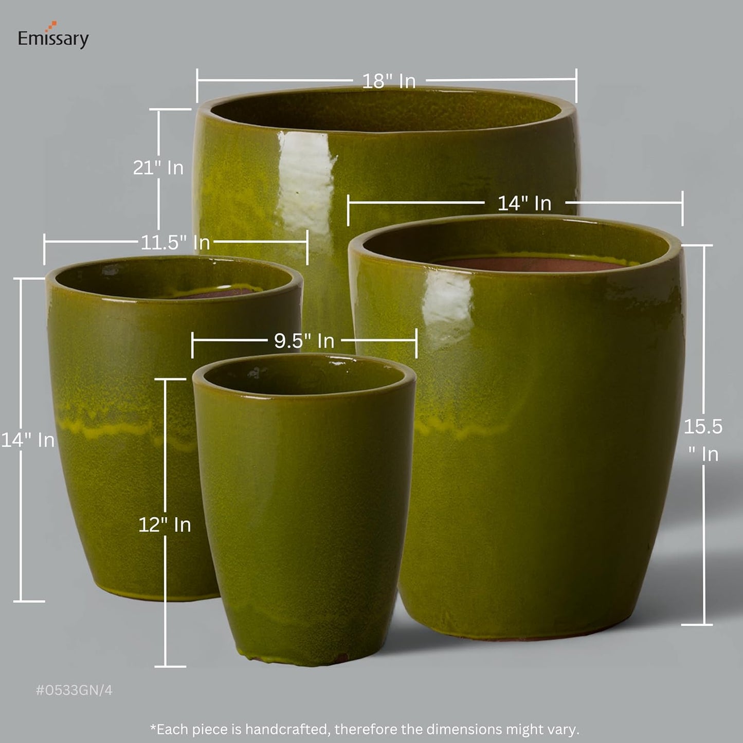 Emissary Home and Garden Bullet 12in., 14in., 15.5in., 21in. H Green Ceramic Round Planters with Drainage Hole (Set of 4)
