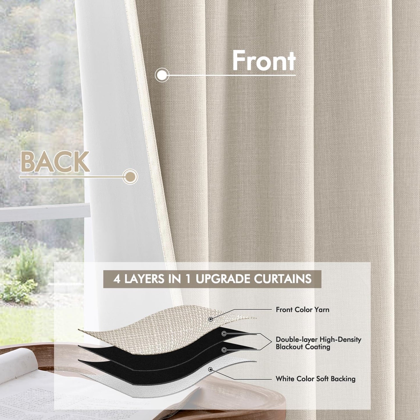 MIULEE 100% Blackout Curtains 105 Inch Long 2 Panels Set for Bedroom, Thick Luxury Faux Linen Black Out Curtain Room Darkening Back Tab Pleat Window Textured Drapes with Hooks for Living Room, Birch