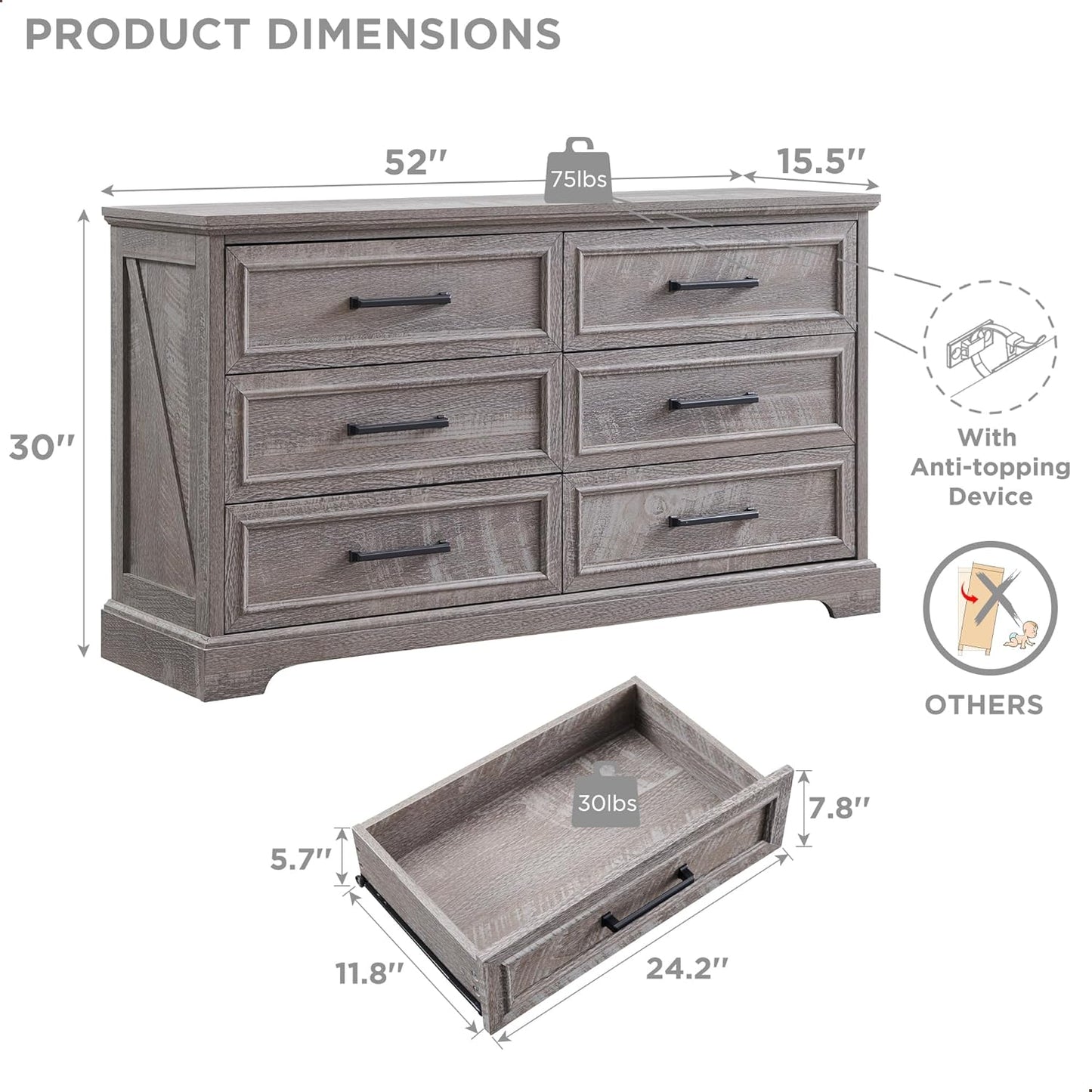 Farmhouse 6 Drawer Dresser for Bedroom, 52 Inch Wide Modern Dresser TV Stand with Large Drawers & Bar Handles, Rustic Wood Chest of Drawers for Bedroom, Living Room, Hallway, Grey