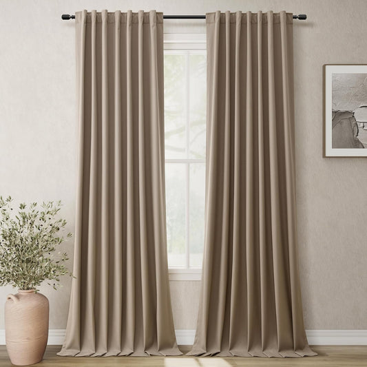BOODII Room Darkening Curtains 120 Inch Back Tab Thermal Insulated Black Out Linen Drapes Extra Long Blackout Curtains for Patio Door Large Window Ceiling to Floor Light Blocking Light Brown 52x120