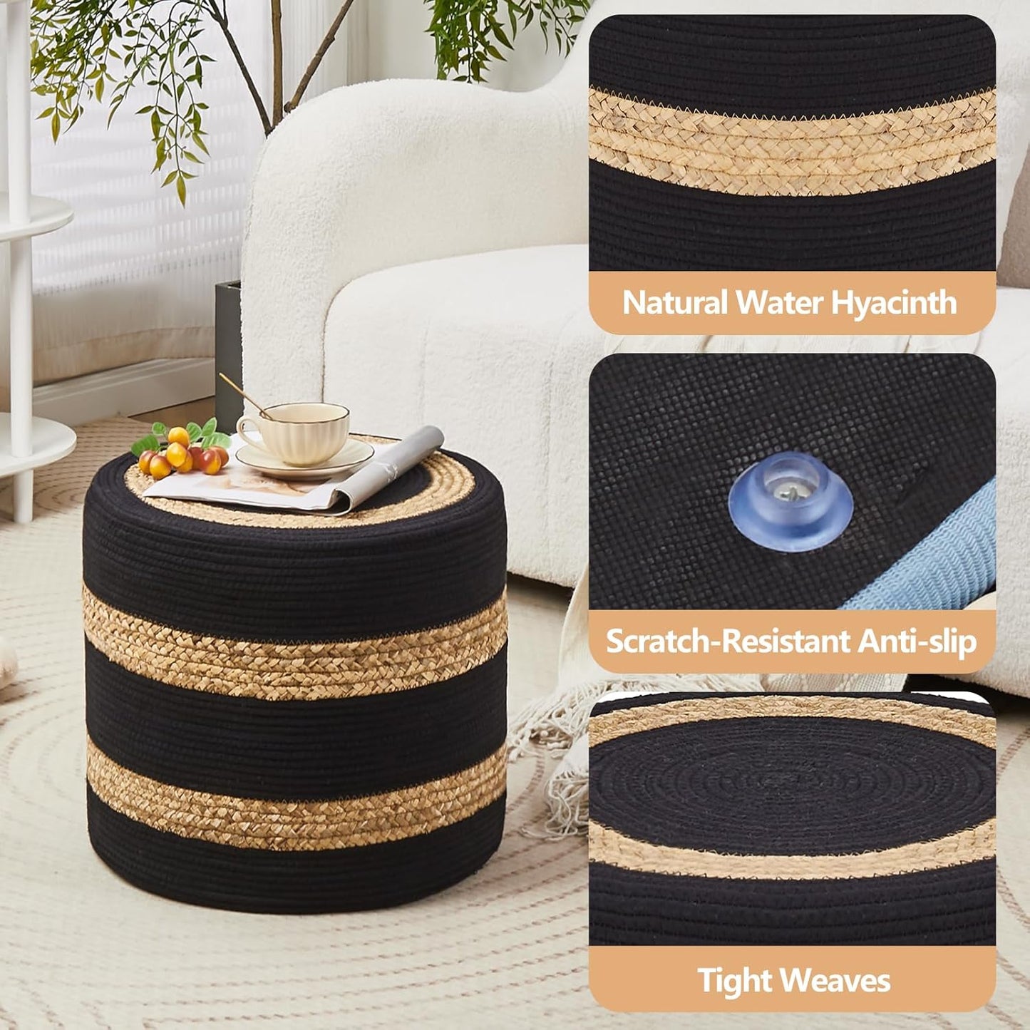 Cplxroc Ottoman Poof, Natural Seagrass Poufs, Hand Weave Round Footstool, Pouffe Accent Chair, Home Decorative Seat, Boho Deco Floor Chair for Living Room, Bedroom (18inch 68LH)