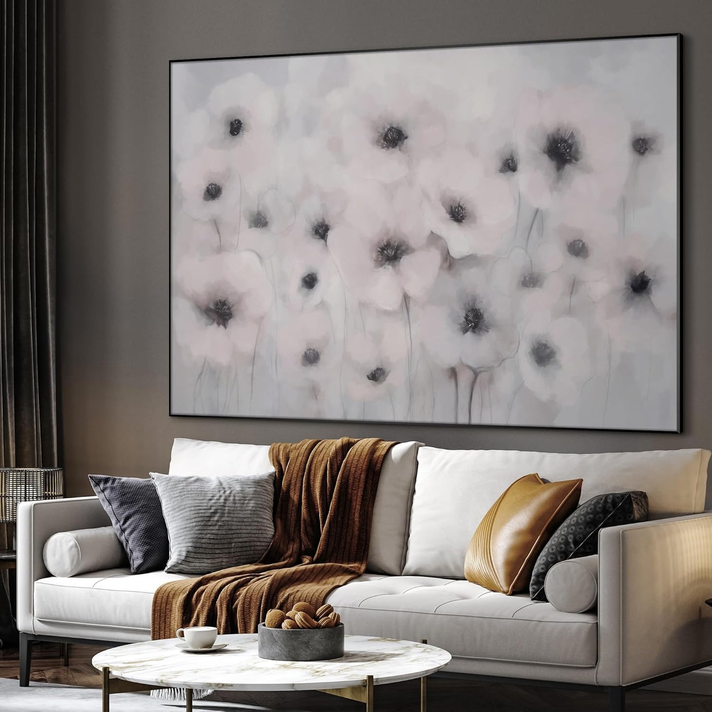 36"x46" Extra Large Framed Wall Art Soft White Poppies Watercolor Floral, Delicate Botanical for Home Living Room Bedroom Decor (Frame Assembly Required)