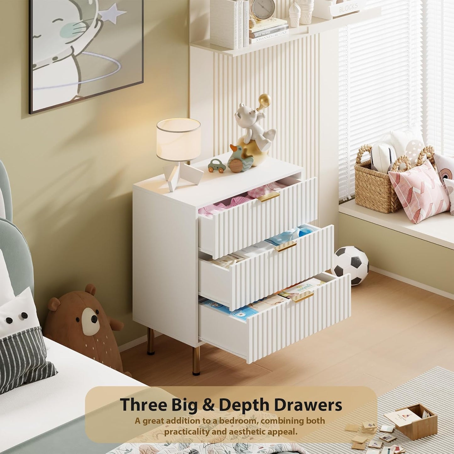 White 3 Drawer Dresser for Bedroom, Fluted Modern Nightstand with Deep Drawers, Chest of Drawers with Wide Top, Wooden Dresser Organizer, Side Table for Living Room, Hallway, Kids Room