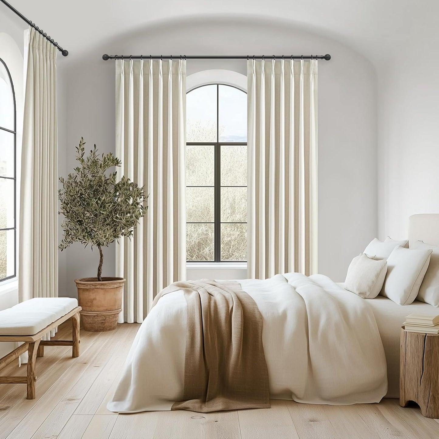 Cream Blackout Curtains & Drapes 96 Inches Long 2 Panels Set for Sliding Glass Doors, Pinch Pleated Thick Linen Blend Windows Curtain with Back Tab for Bedroom Cold Weather Thermal 40"W x 96"L
