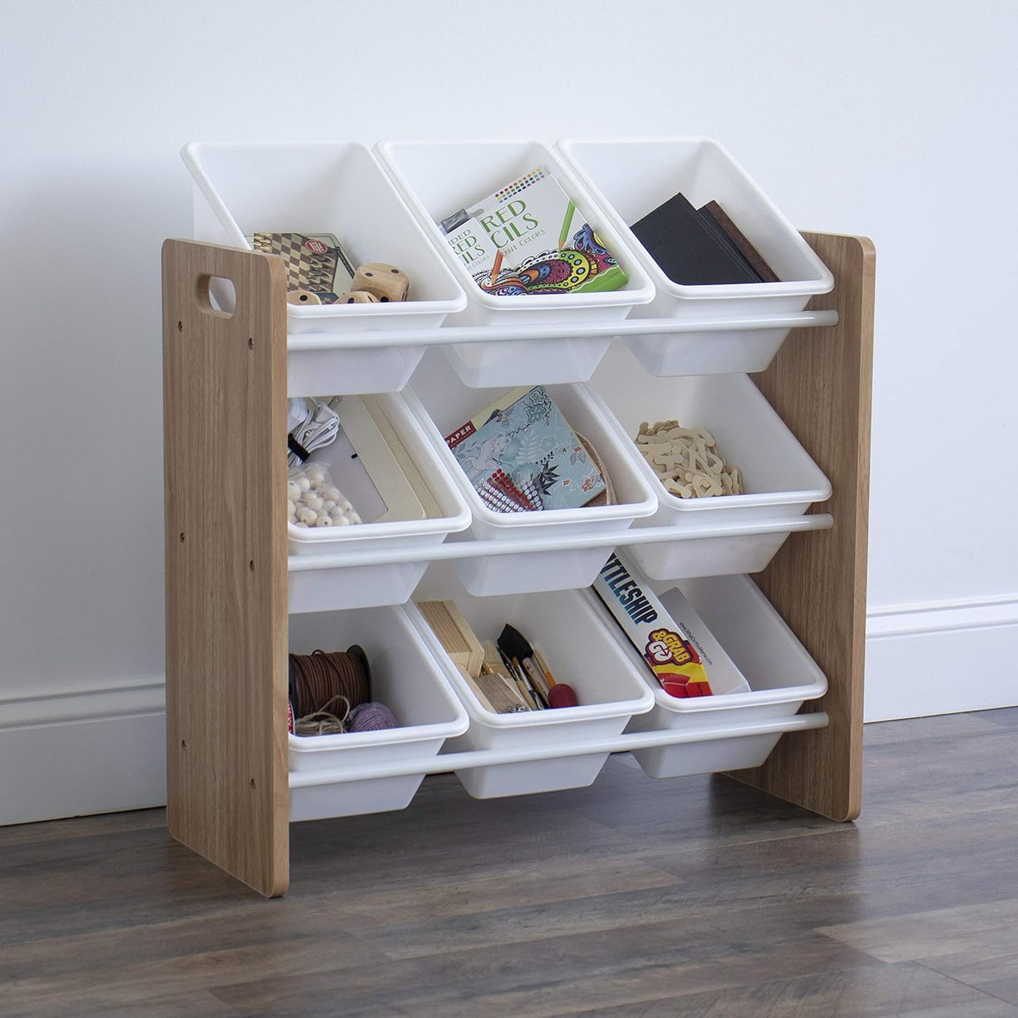 Humble Crew 9-Bin Toy Organizer – Journey Natural Wood with White Plastic Bins, 3-Tier Storage Solution for Kids' Playrooms and Nurseries