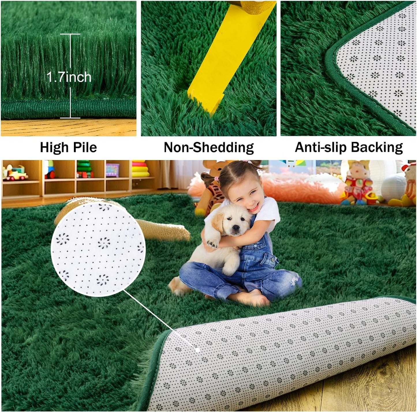 Rezutan 5x7 Feet Shaggy Area Rug - Super Soft Plush Fuzzy Modern Living Room Bedroom Rug for Kids, Non-Slip Nursery Classroom Home Decor, Dark Green