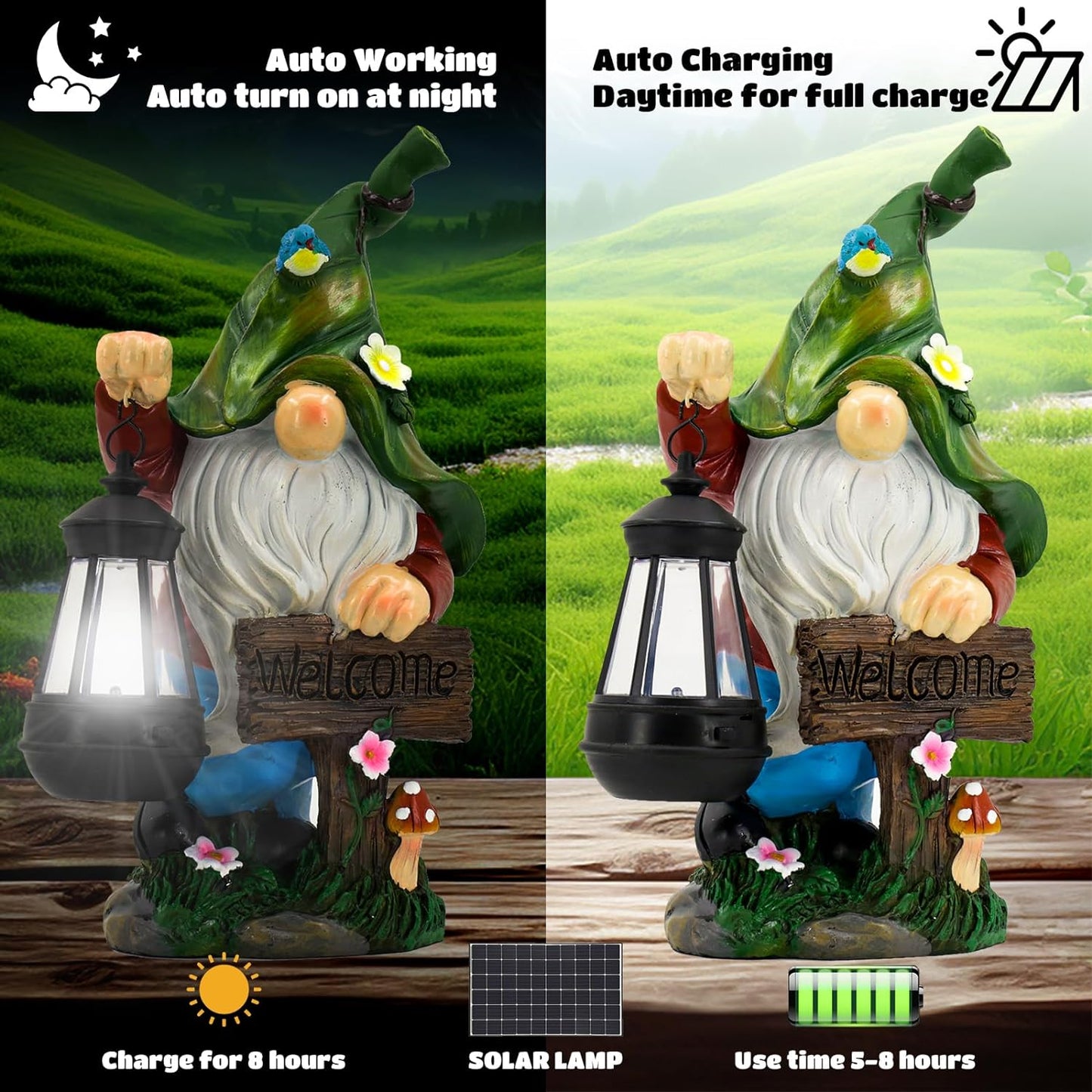Garden Gnome Statue, Resin Figurine with Bright Solar Lantern Lights and Welcome Sign, Outdoor Solar-Powered Illumination Yard Art Decorations for Indoor Outdoor Patio Lawn Garden Room
