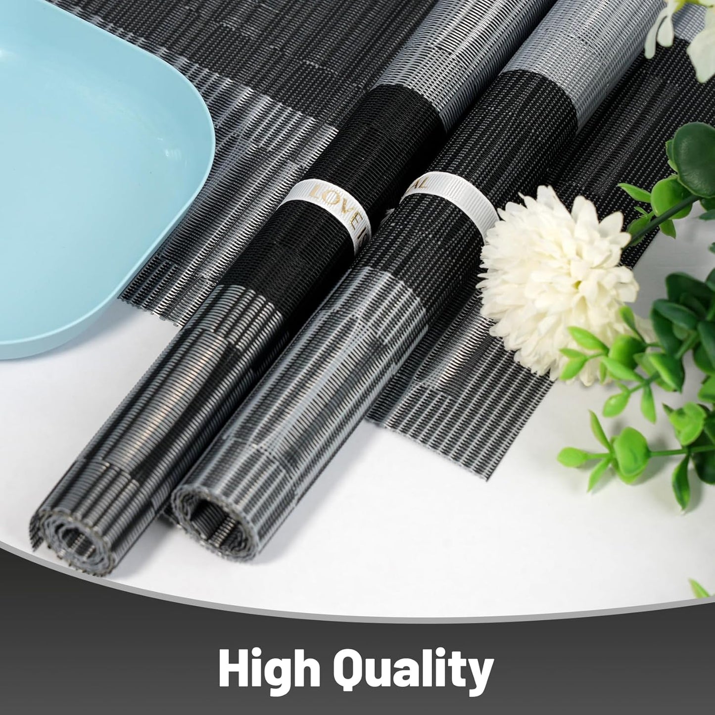 Placemats Set of 12，Non-Slip PVC Weave Table Mats Easy to Clean，Heat Resistant Place Mats for Kitchen Dining Table Decoration Indoor Outdoor，Black Gray