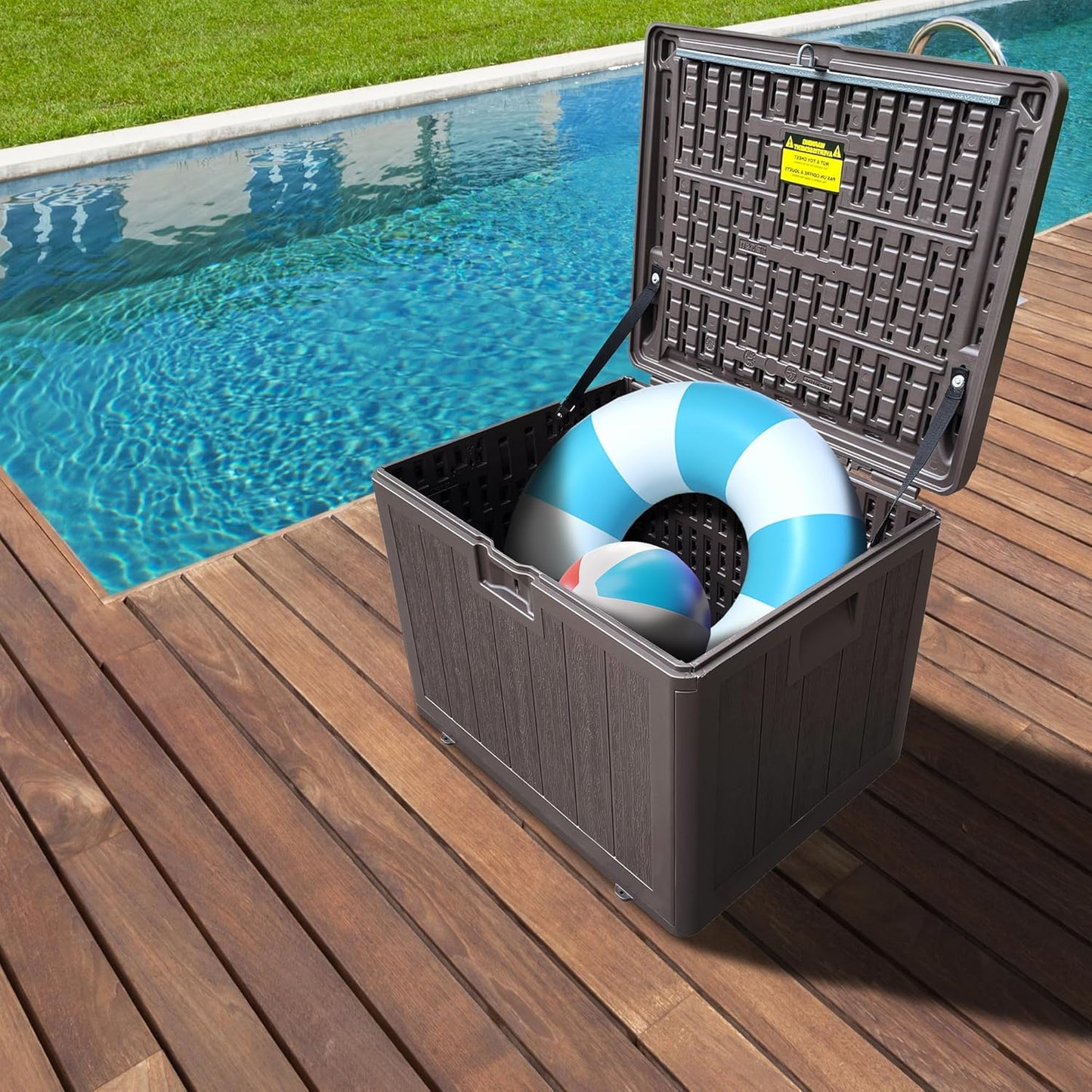 Premium Pro Edition 35 Gallon Lockable Resin Deck Box, Waterproof & UV-Resistant Outdoor Storage Box for Outdoor Storage, Garden Tools & Pool Accessories Storage, Brown