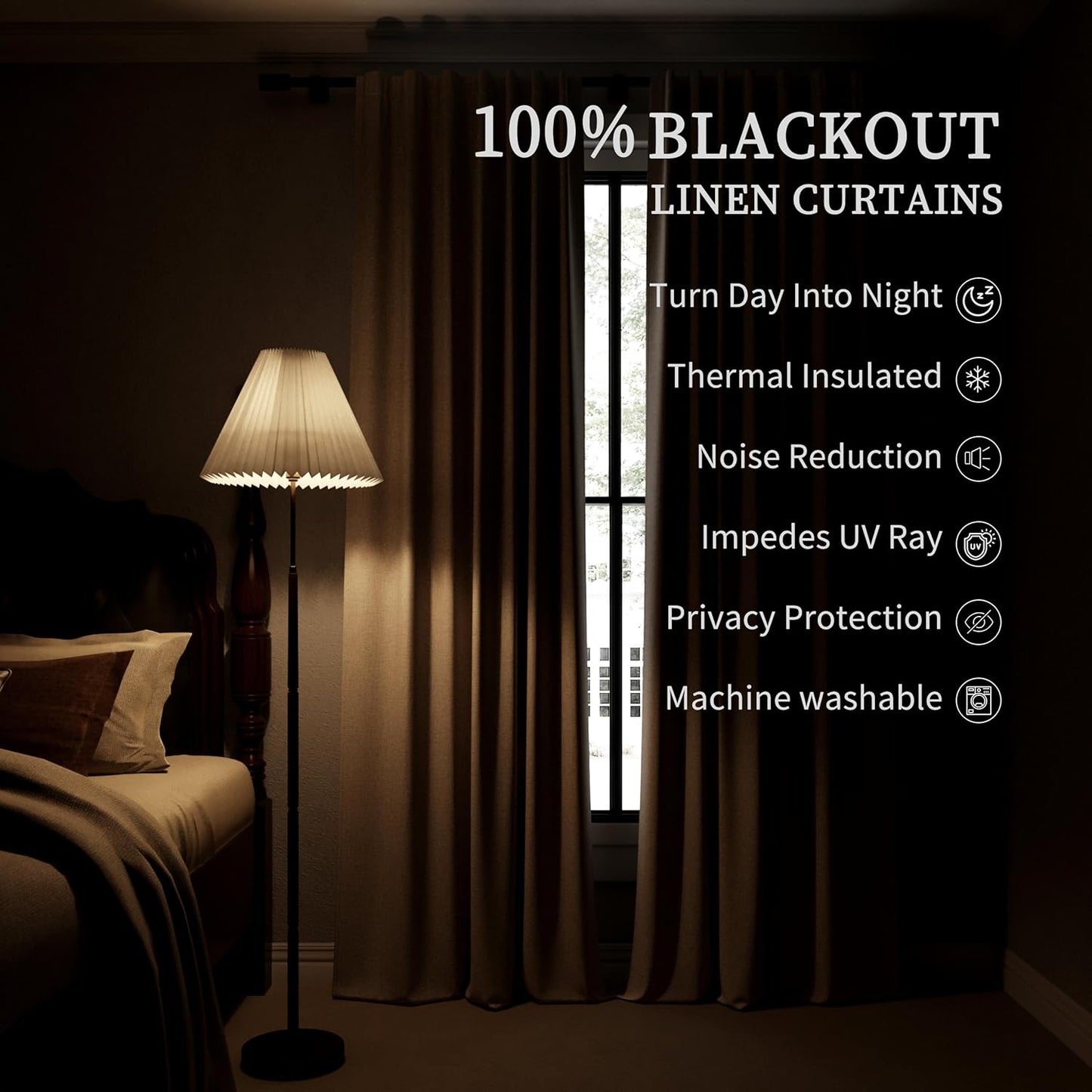 BOODII Full Blackout Curtains 90 Inches Long Room Darkening Curtain for Bedroom Sliding Door Thermal Insulated Black Out Curtains & Drapes Brown Neutral Linen 2 Panels Set Back Tab 52x90