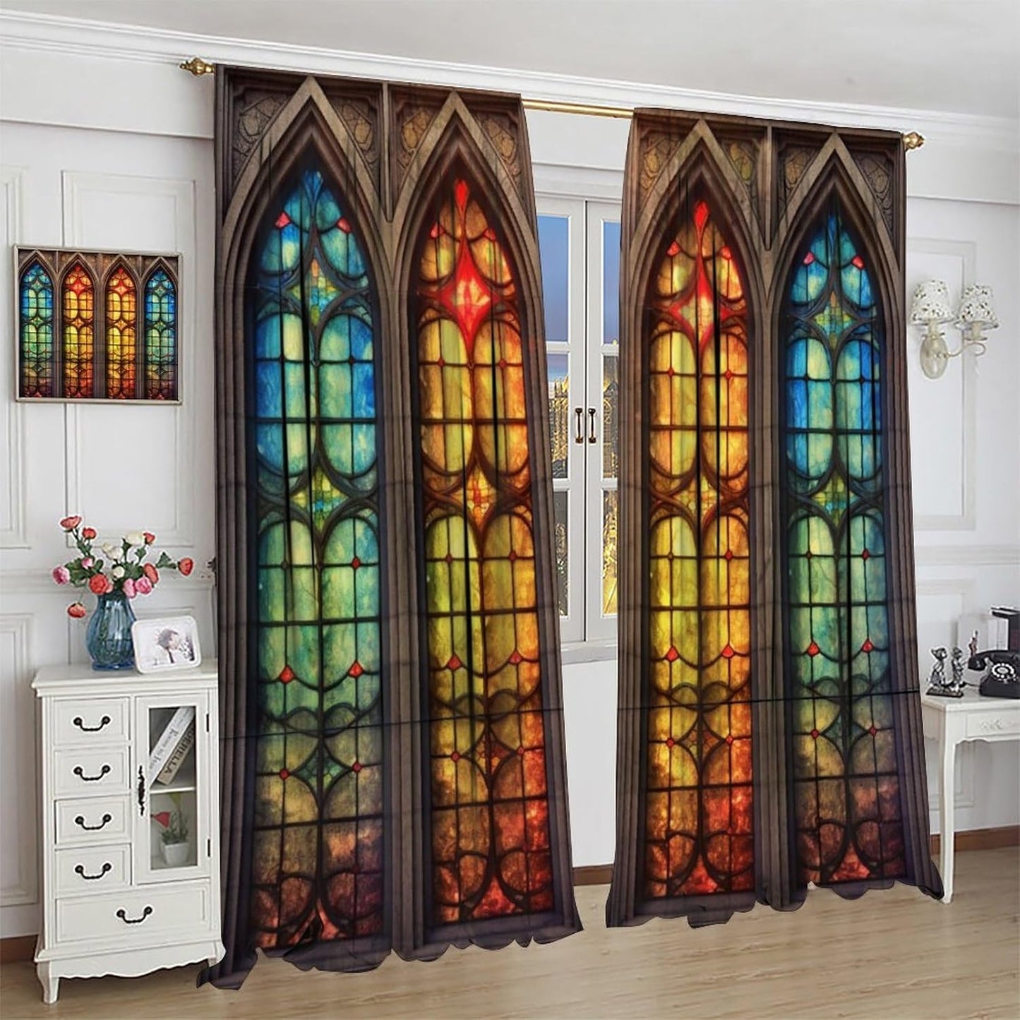 Stained Glass Curtains,Mid Century Vintage Style Abstract Art Home Decor Drapes for Bedroom Living Room Kitchen Window Treatment 2 Panels Set Total Size 63" W X 72" L Inch