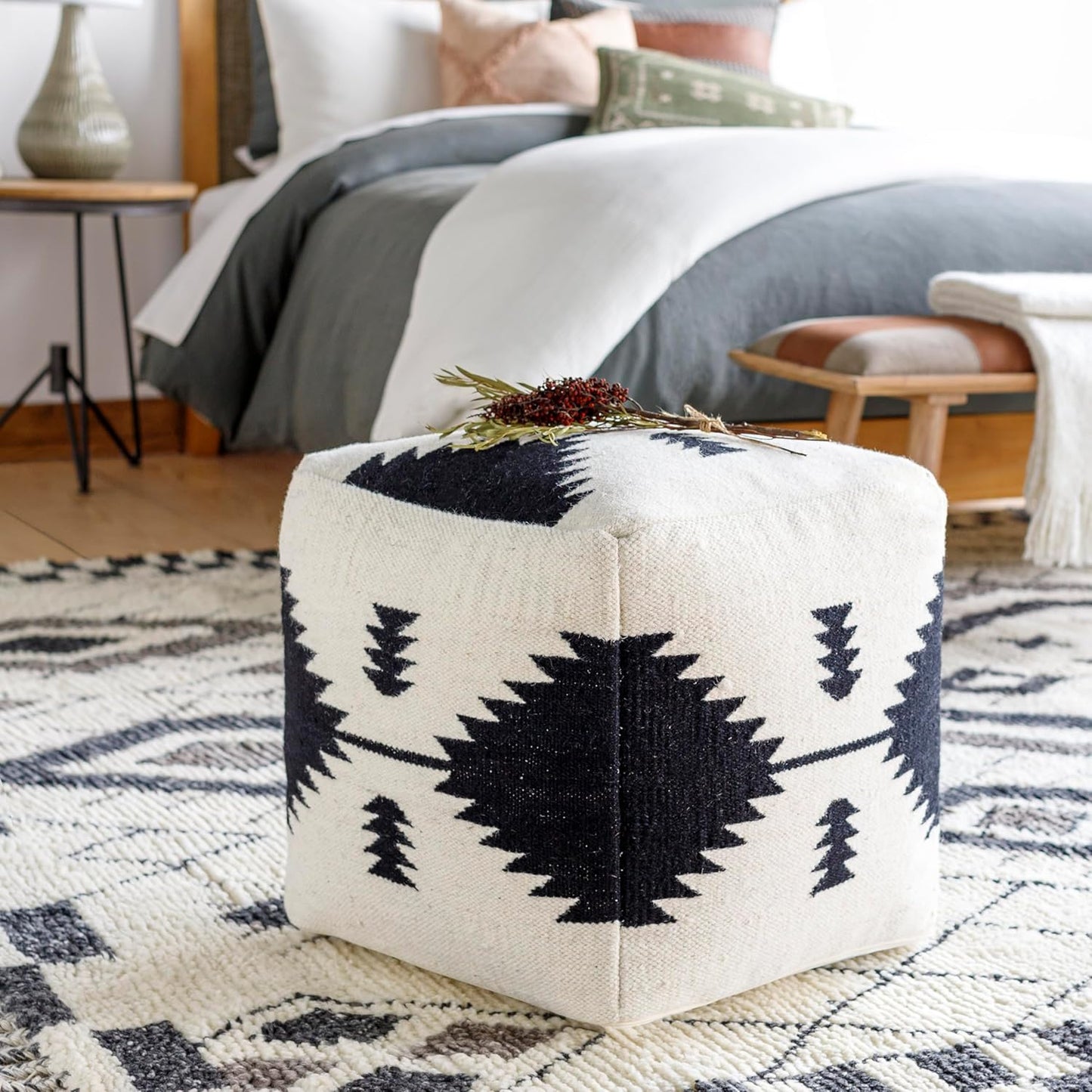 Mark&Day Pouf Ottoman, Leobendorf Rustic Cream Cube Pouf Foot Rest for Living Room, Bedroom and Boho Home Decor (18"x18"x18")
