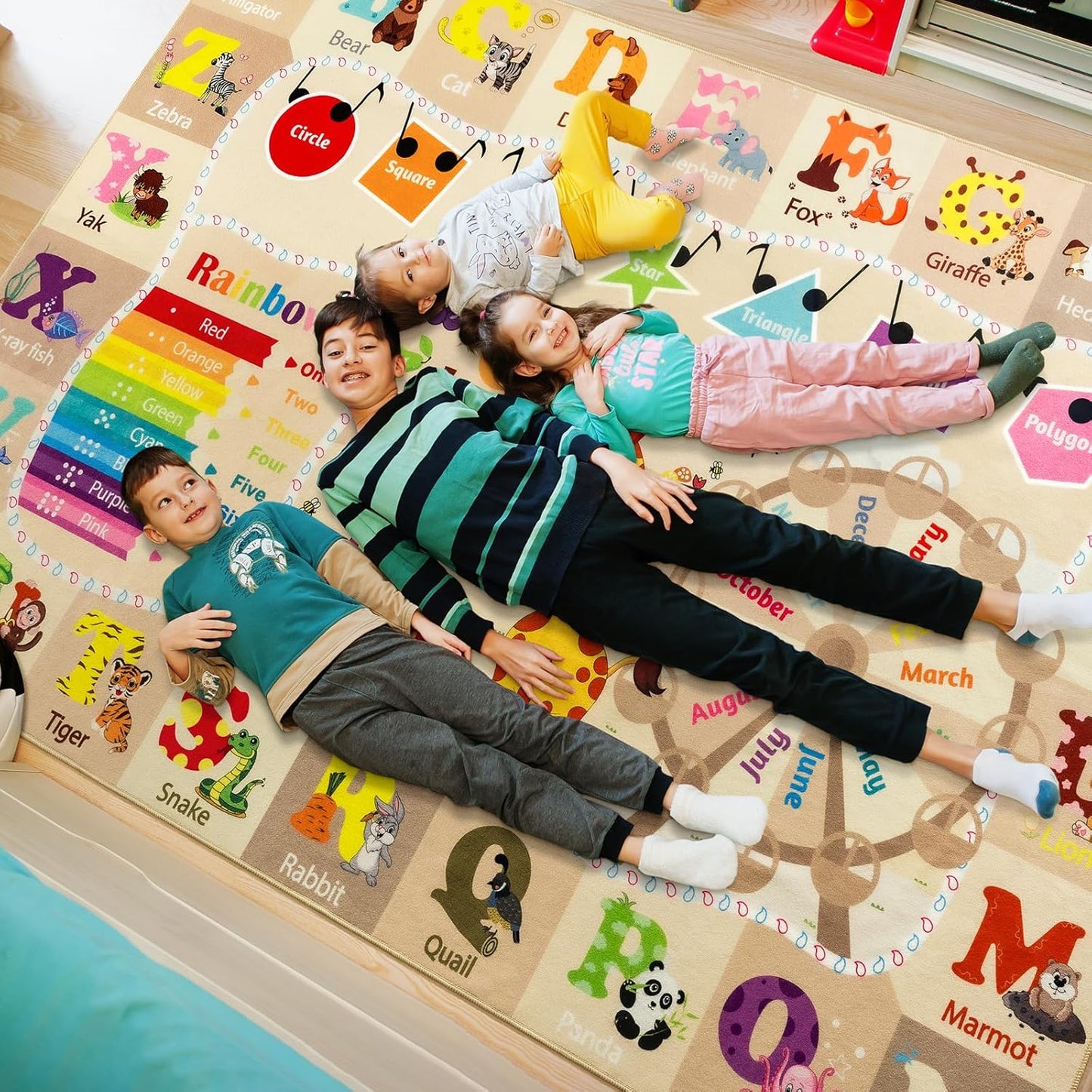 7x10 Playroom Rugs for Kids Washable, Educational and Fun Playmat with ABC Alphabet Animals Shapes Colors, Non-Slip Play Mat Learning Rug for Baby Toddler Children Game Activity，Beige, Pink