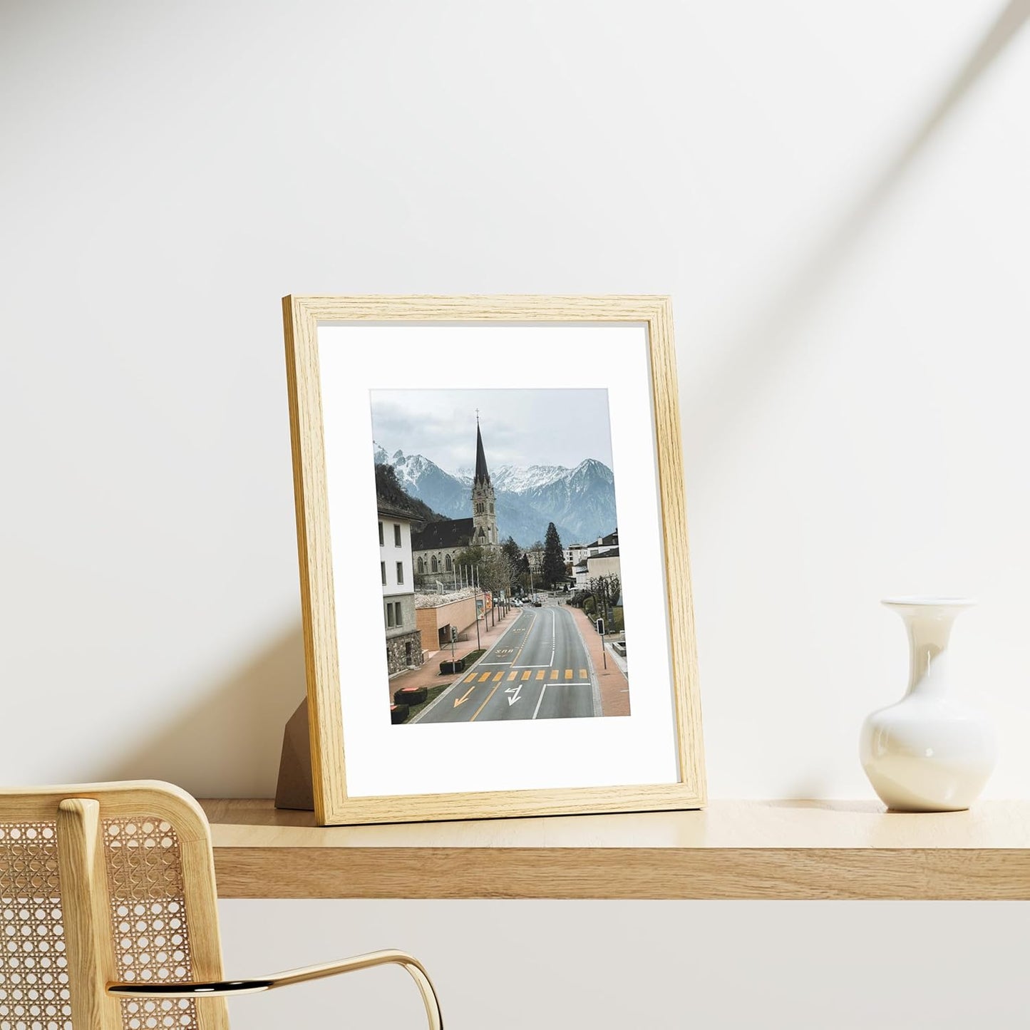 Vittanly 11x14 Picture Frames Set of 9, Shatter Resistant Plexiglass, Display 8x10 Pictures with Mat or 11x14 without Mat, Photo Frames for Wall or Tabletop, Engineered Wood, OAK
