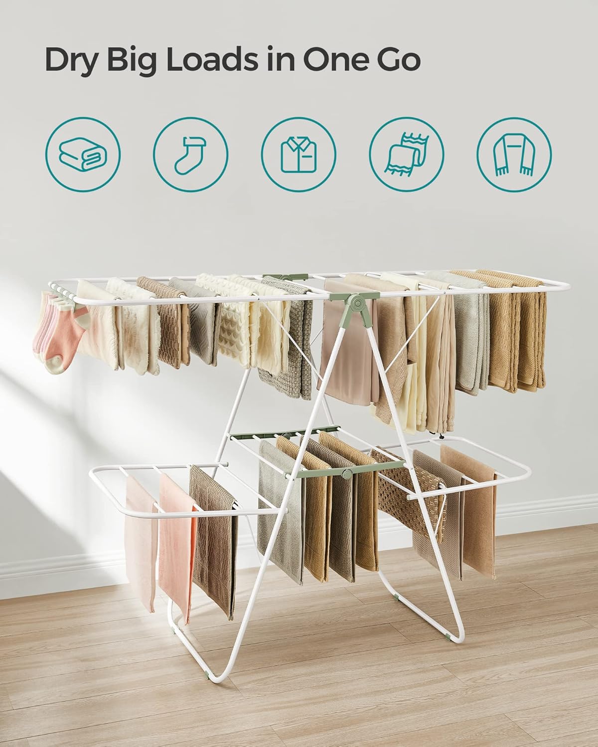 SONGMICS Clothes Drying Rack, Foldable 2-Level Laundry Drying Rack, Free-Standing Laundry Airer, with Height-Adjustable Wings, 33 Drying Rails, Sock Clips, White and Green ULLR053C01V1