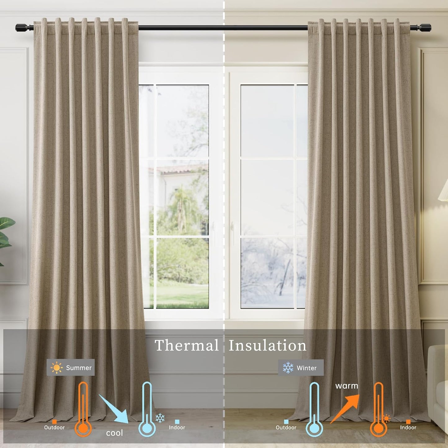 BOODII Linen Blackout Curtains for Bedroom 72 Inch Length 2 Panels Set Room Darkening Curtains Khaki Black Out Curtain Neutral Thermal Insulated Living Room Nursery Drapes Back Tab 52x72