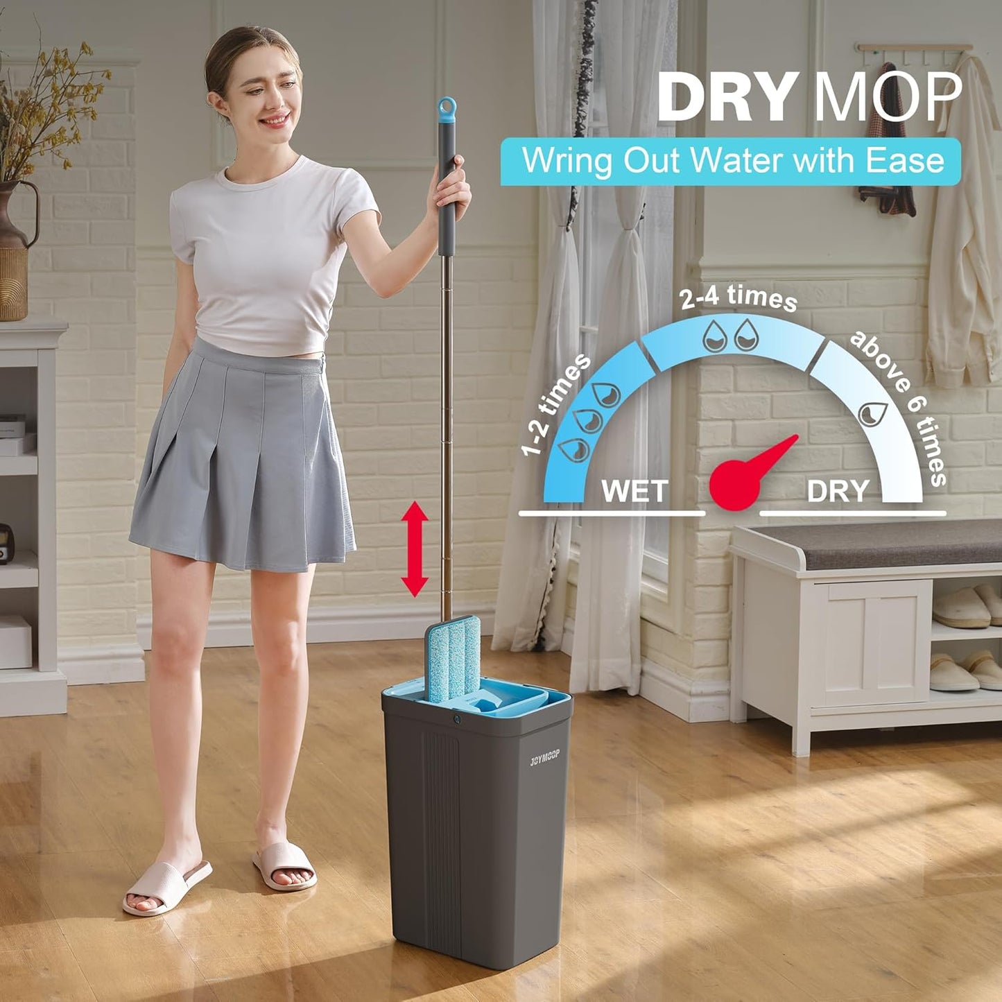 JOYMOOP Mop and Bucket Set with Wringer, Mops for Floor Cleaning, Wall Mop Cleaner with Long Handle, with 6 Reusable Microfiber Mop Pads - Grey+Cyan Blue