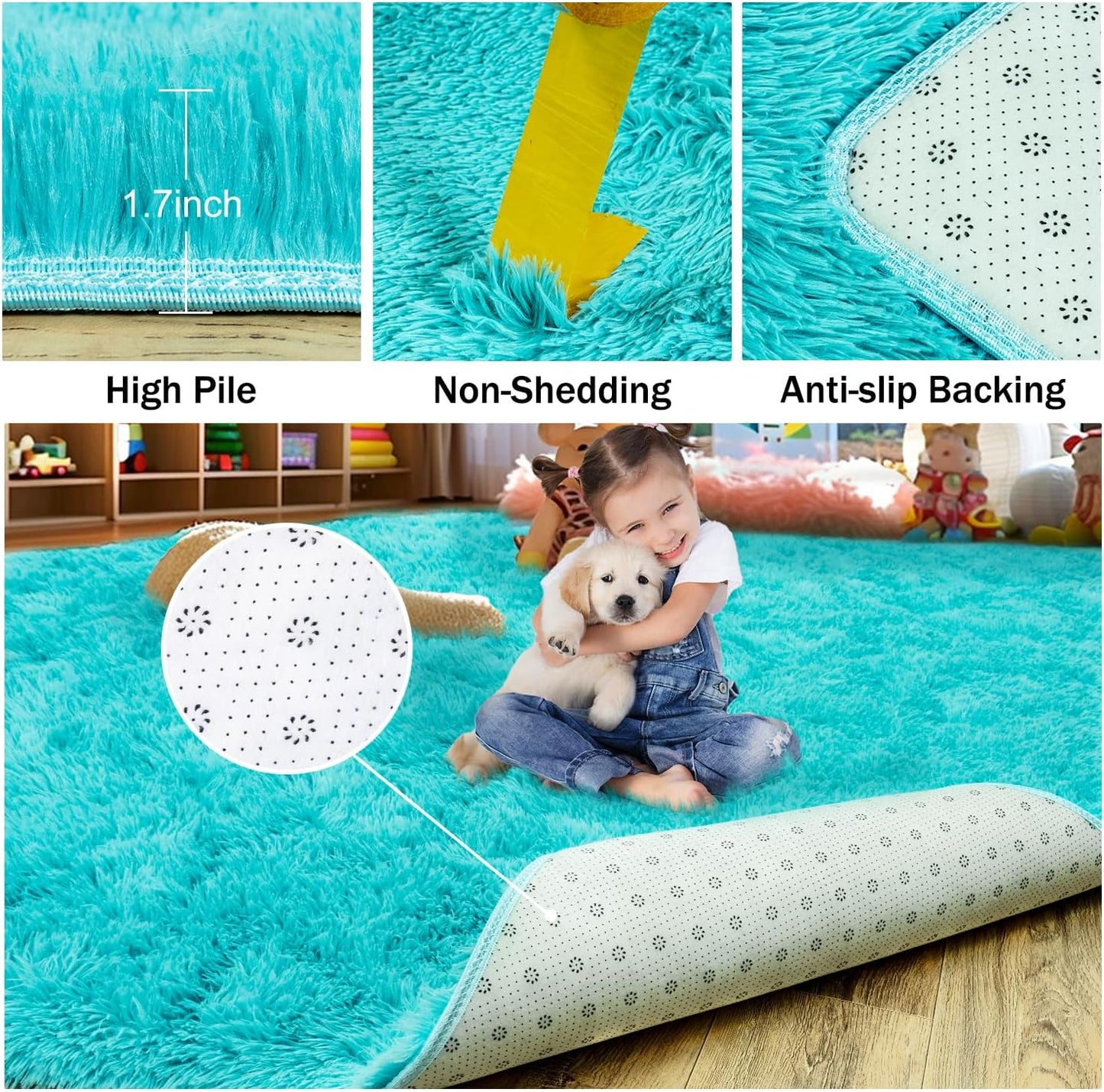 Extra Large Fluffy Area Rug for Bedroom Living Room, 9x12 Feet Teal Blue Modern Indoor Carpets Room Colorful Rugs, Plush Indoor Nursery Classroom Home Decor Bedside Rug with Non-Slip Bottom