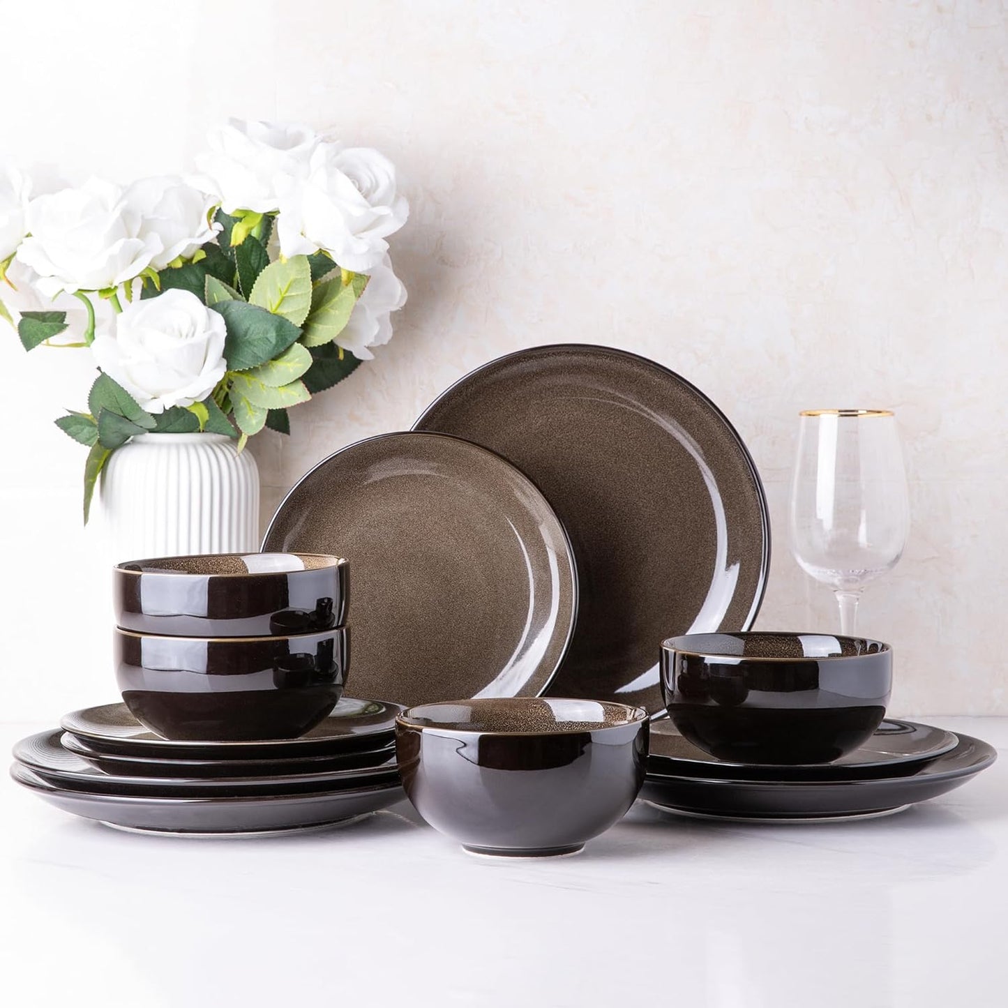 LERATIO Ceramic Dinnerware Sets for 4,Stoneware Coupe Plates and Bowls Sets,Highly Chip and Crack Resistant | Dishwasher & Microwave & Oven Safe Dishes set,Reactive Glaze Dinnerware- Service for 4