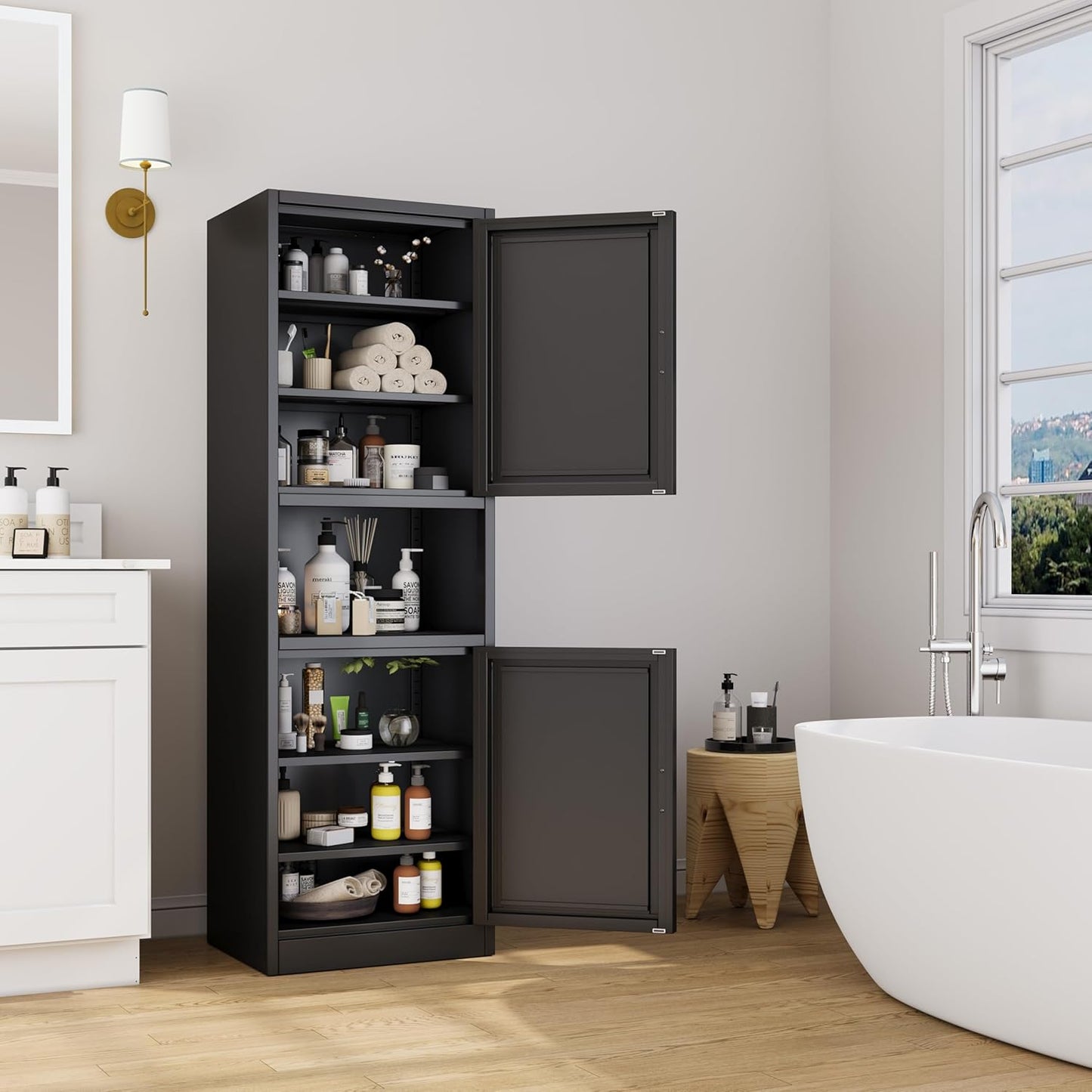 Tall Narrow Storage Cabinet 66.93" H Tall Bathroom Cabinet Metal Pantry Cabinets, 4 Adjustable Shelves for Kitchen, Home Office, Living Room, Dinning Room (20 inches Wide Black)