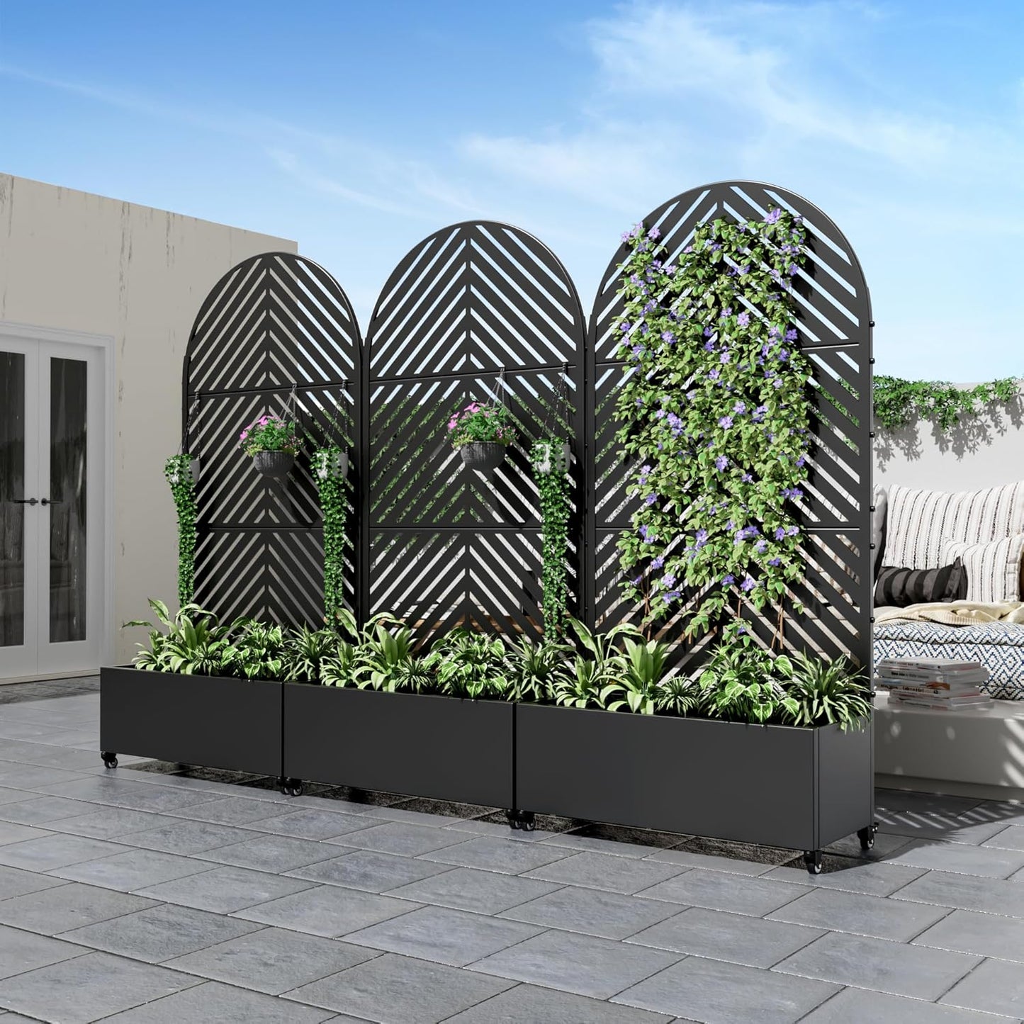 Casaphoria Metal Raised Garden Bed with Trellis and Wheels, 72"x35"x16" Arched Planter Box for Climbing Plants, Vegetables & Vines, Features Drainage Holes and Privacy Screen (Black-Parallel)