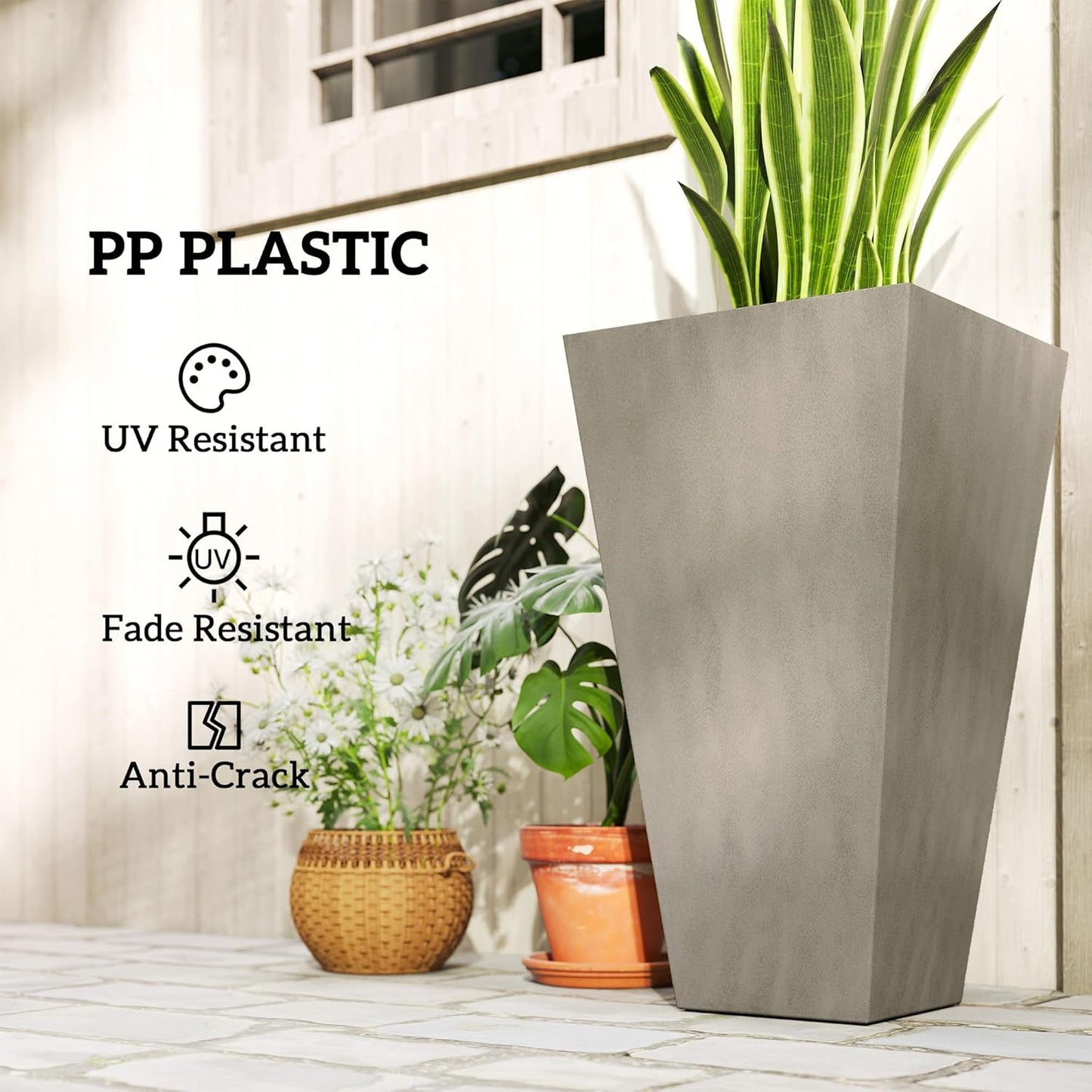 Outsunny Tall Planters for Outdoor Plants Set of 3, 28 in Taper Planters with Drainage Holes, Indoor Grande Plant Pots, Front Porch Decor, Grey