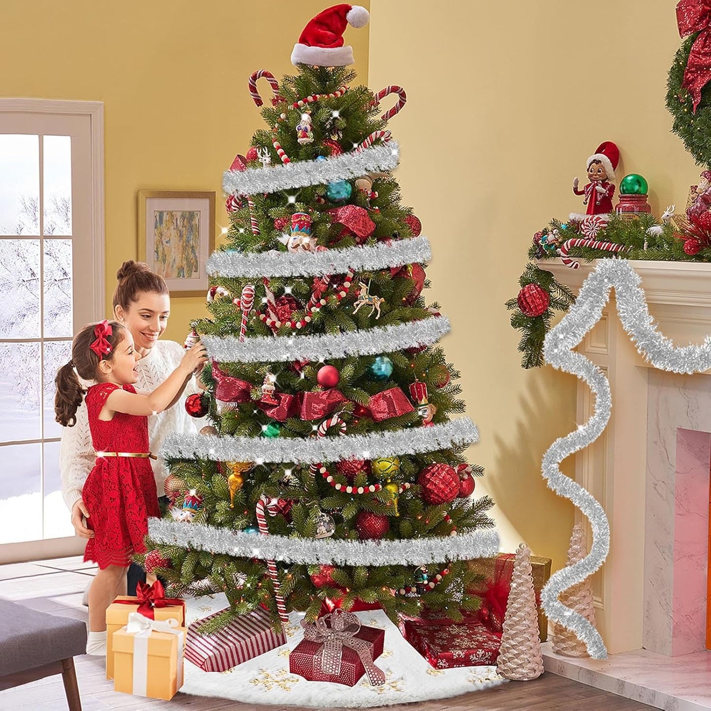 25 Feet Metallic Twist Tinsel Garland Wall Hanging Backdrop for Parade Floats, Christmas Eve, New Year, Valentine's Day Party Decorations (Silver, 4in x 25ft)